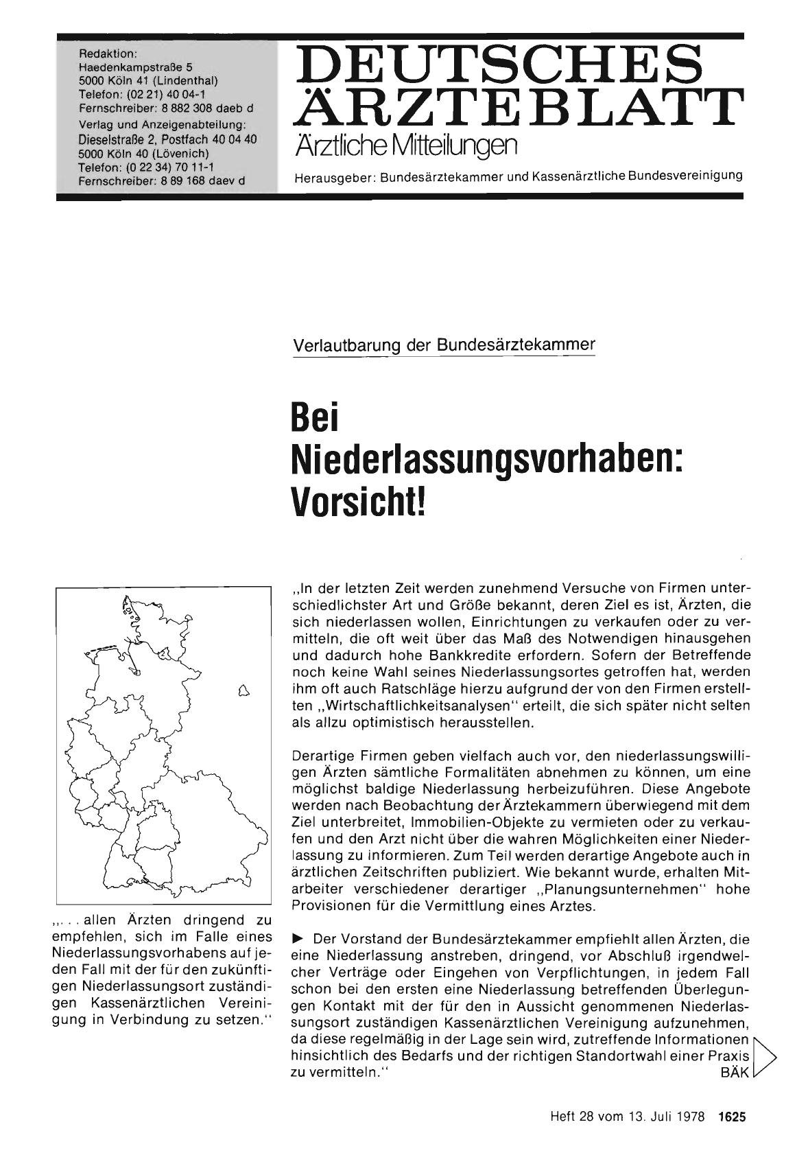 Vorschauseite 1: Verlautbarung der Bundesärztekammer: Bei Niederlassungsvorhaben: Vorsicht!