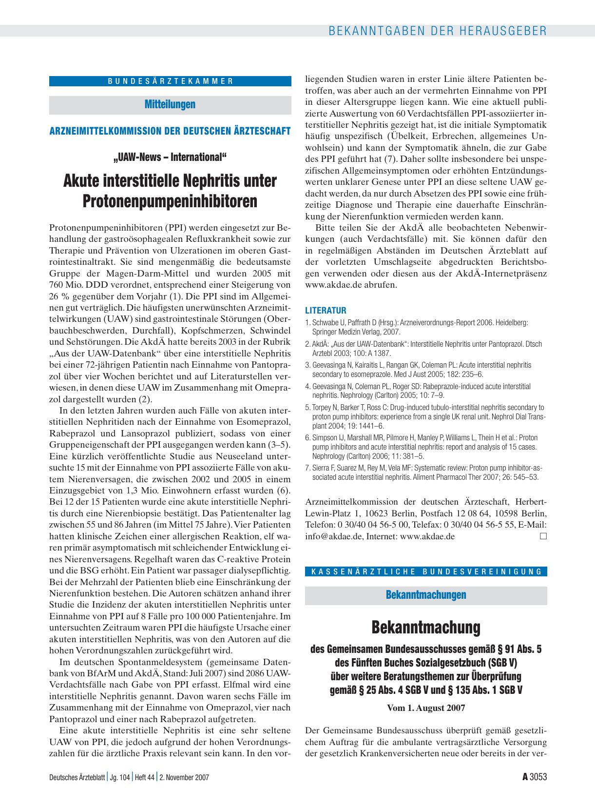 Vorschauseite 1: „UAW-News – International“: Akute interstitielle Nephritis unter Protonenpumpeninhibitoren