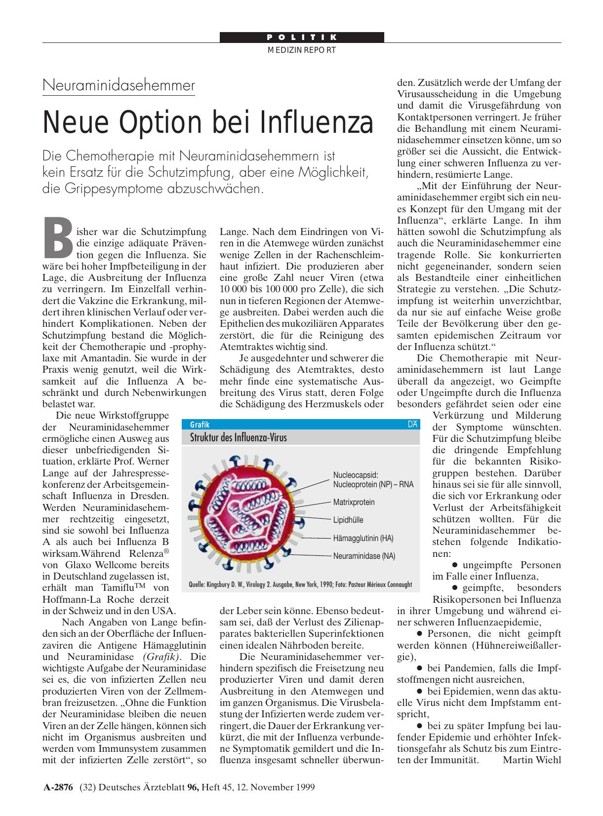 Vorschauseite 1: Neuraminidasehemmer: Neue Option bei Influenza