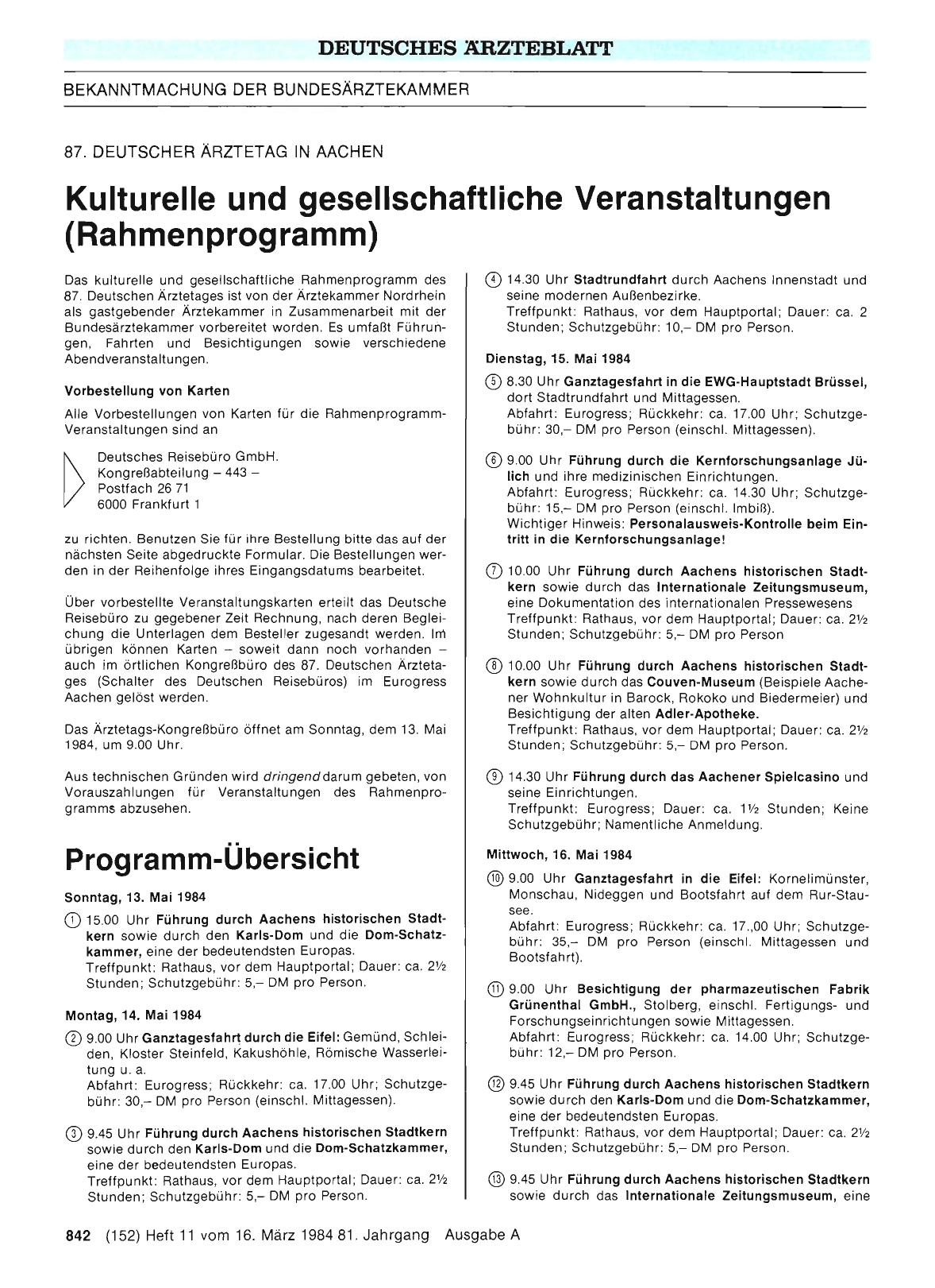 Vorschauseite 1: 87. DEUTSCHER ÄRZTETAG IN AACHEN Kulturelle und gesellschaftliche Veranstaltungen (Rahmenprogramm)