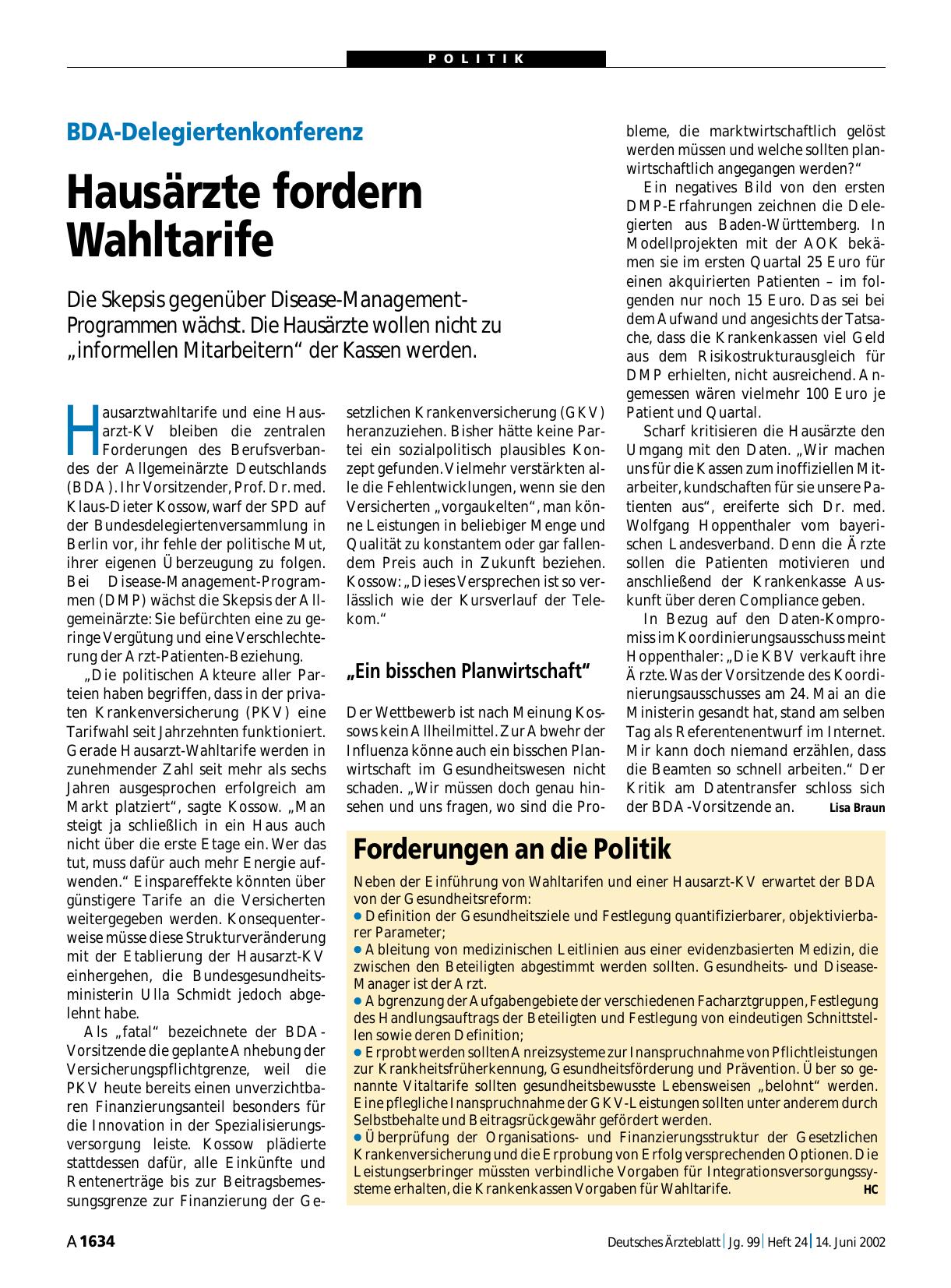 Vorschauseite 1: BDA-Delegiertenkonferenz: Hausärzte fordern Wahltarife