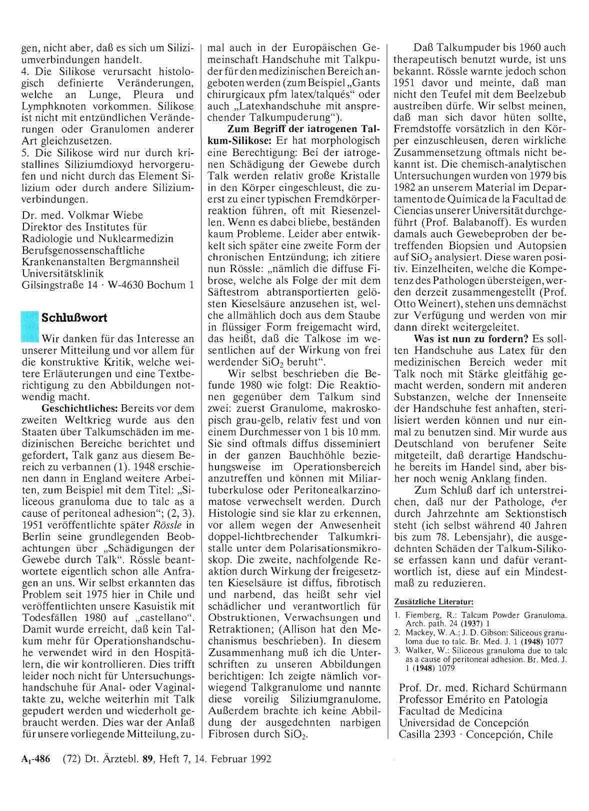 Vorschauseite 1: Iatrogene Talkum-Silikose durch Untersuchungshandschuhe mit Talkumpuder: Schlußwort