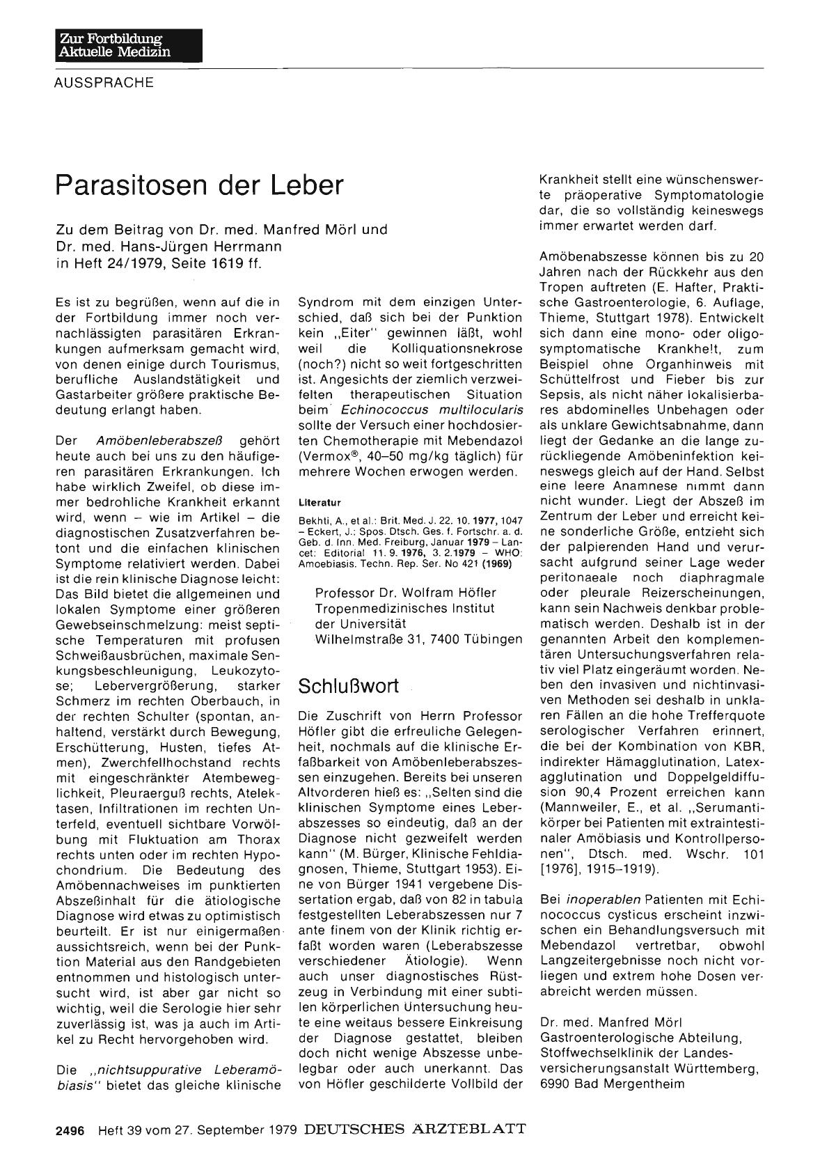 Vorschauseite 1: Parasitosen der Leber: Schlußwort
