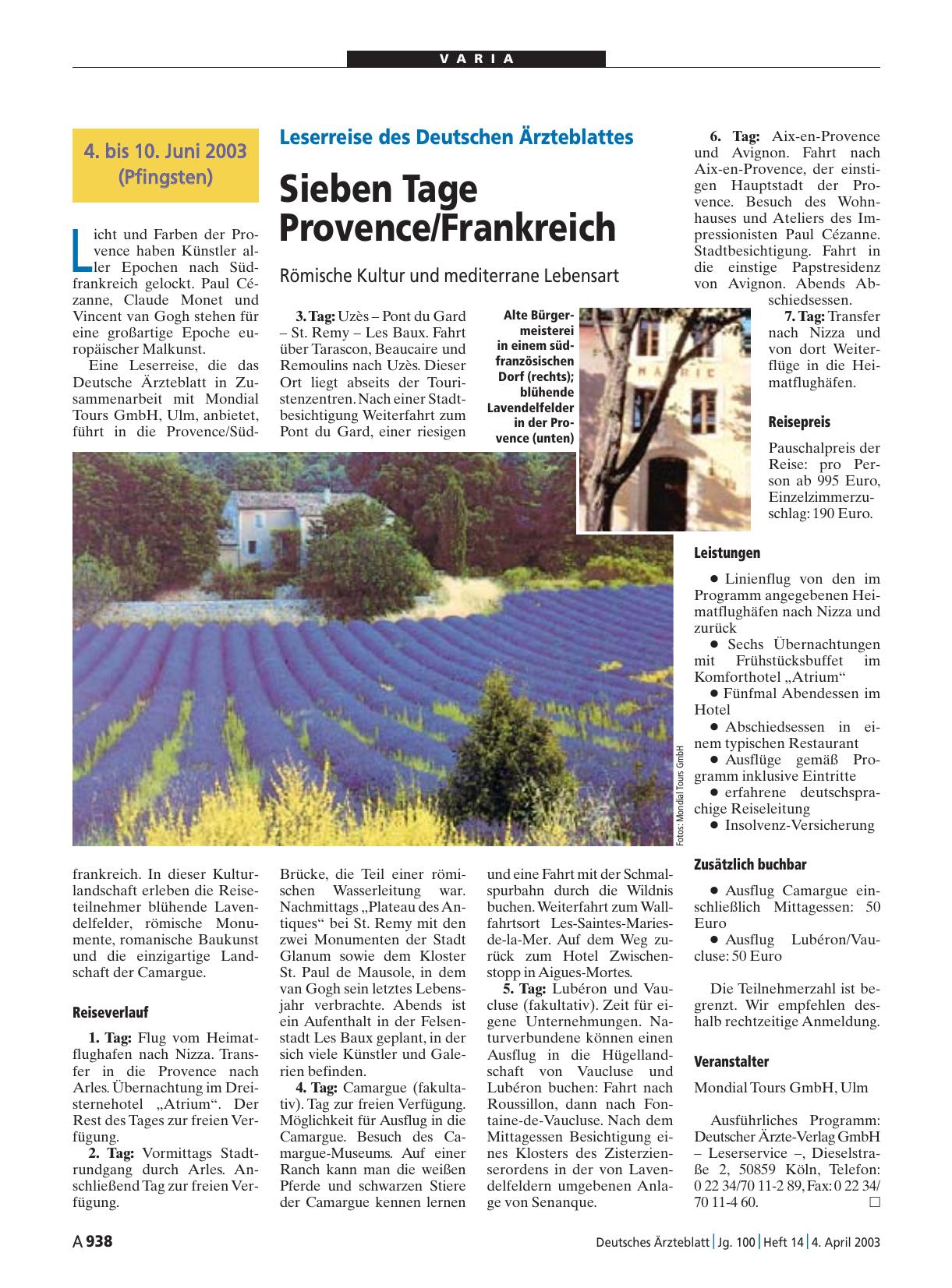 Vorschauseite 1: Leserreise des Deutschen Ärzteblattes: Sieben Tage Provence/Frankreich