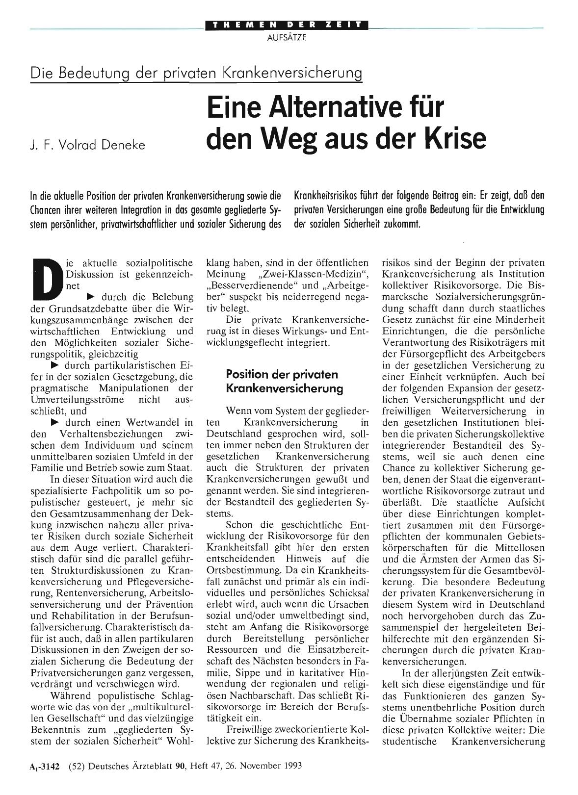 Vorschauseite 1: Die Bedeutung der privaten Krankenversicherung Eine Alternative für den Weg aus der Krise
