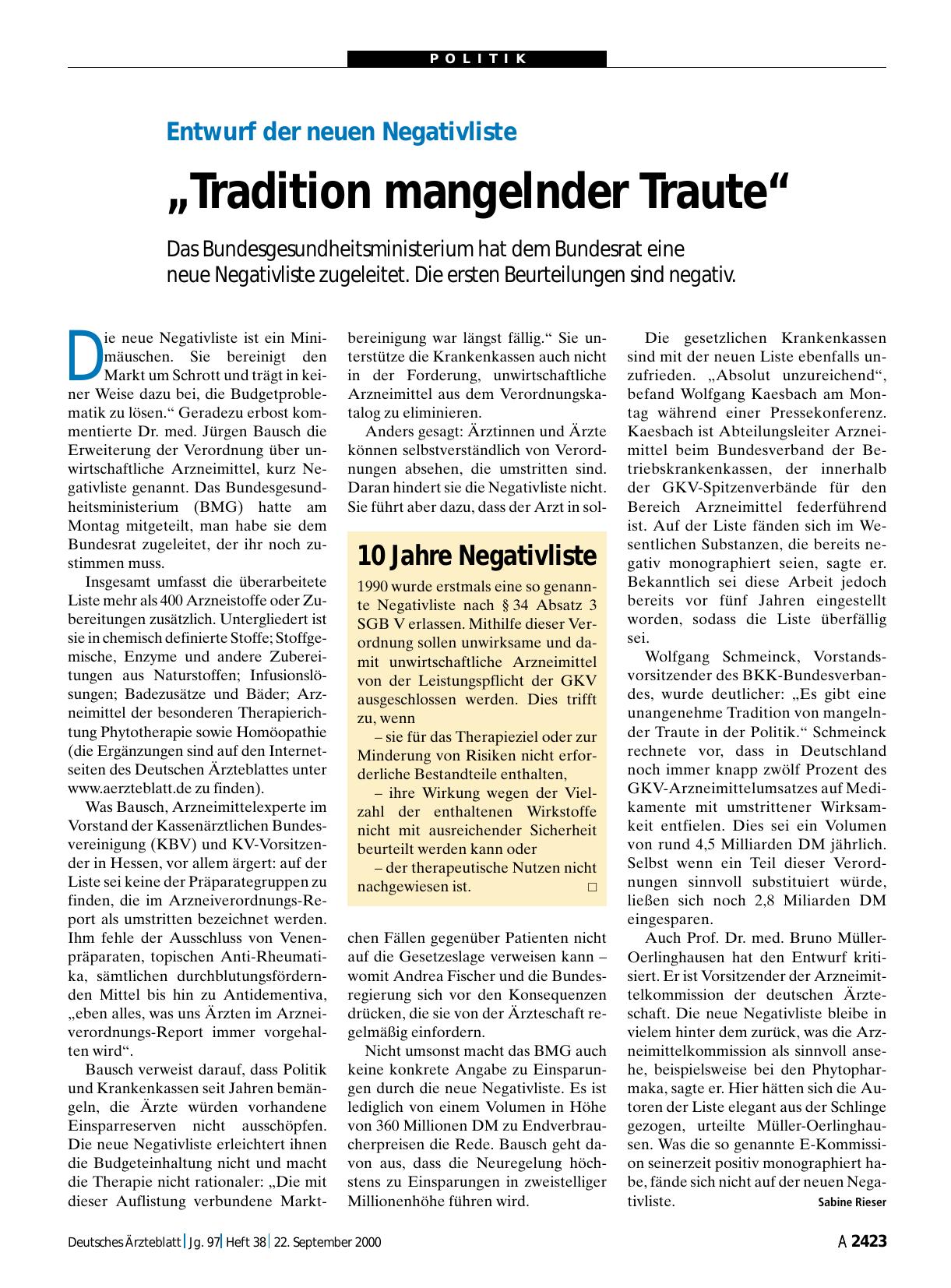 Vorschauseite 1: Entwurf der neuen Negativliste: „Tradition mangelnder Traute“