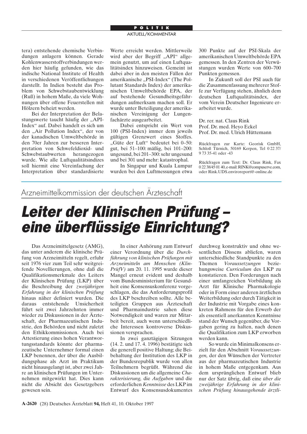 Vorschauseite 1: Arzneimittelkommission der deutschen Ärzteschaft: Leiter der Klinischen Prüfung - eine überflüssige Einrichtung?