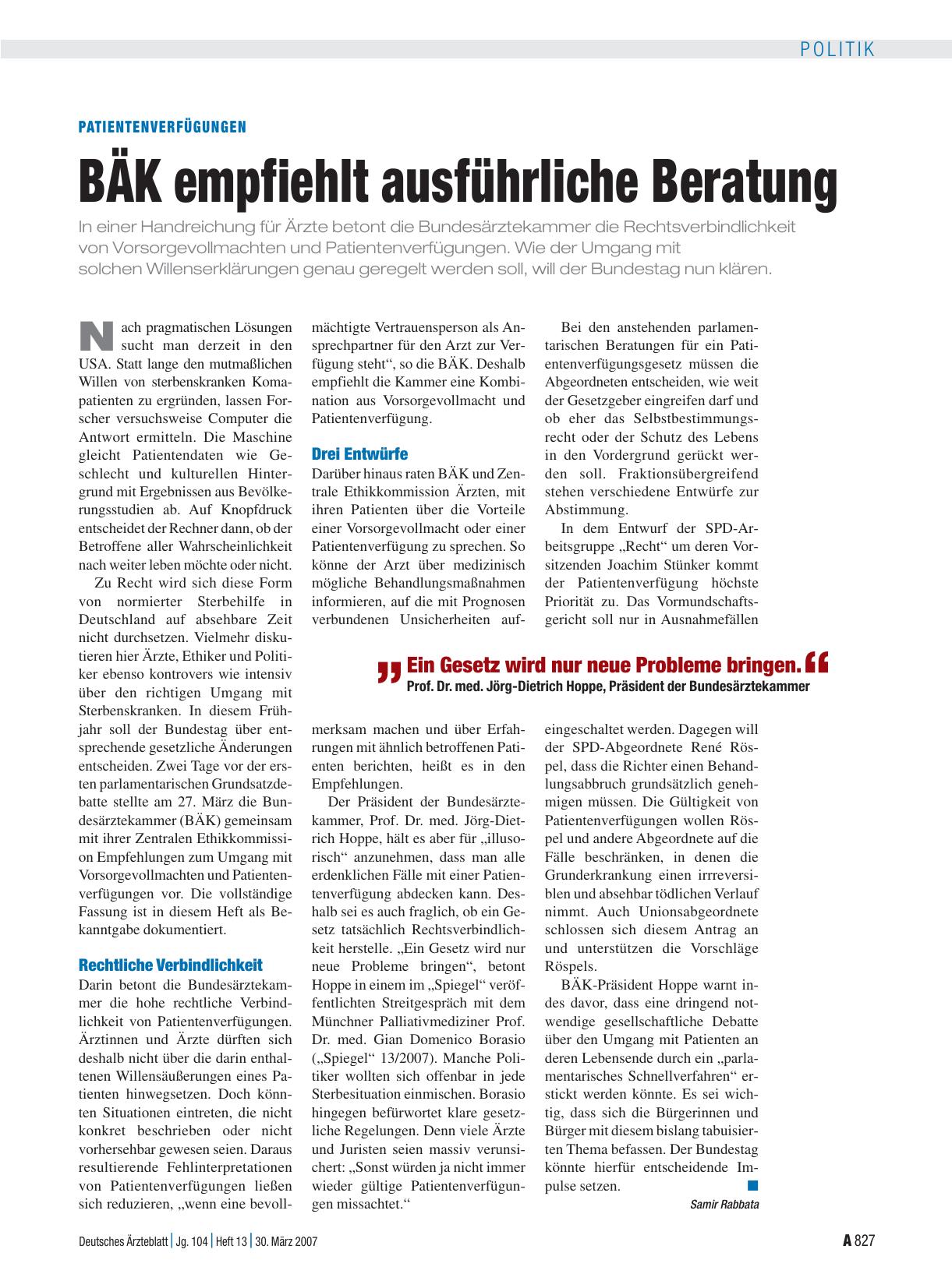 Vorschauseite 1: Patientenverfügungen: BÄK empfiehlt ausführliche Beratung
