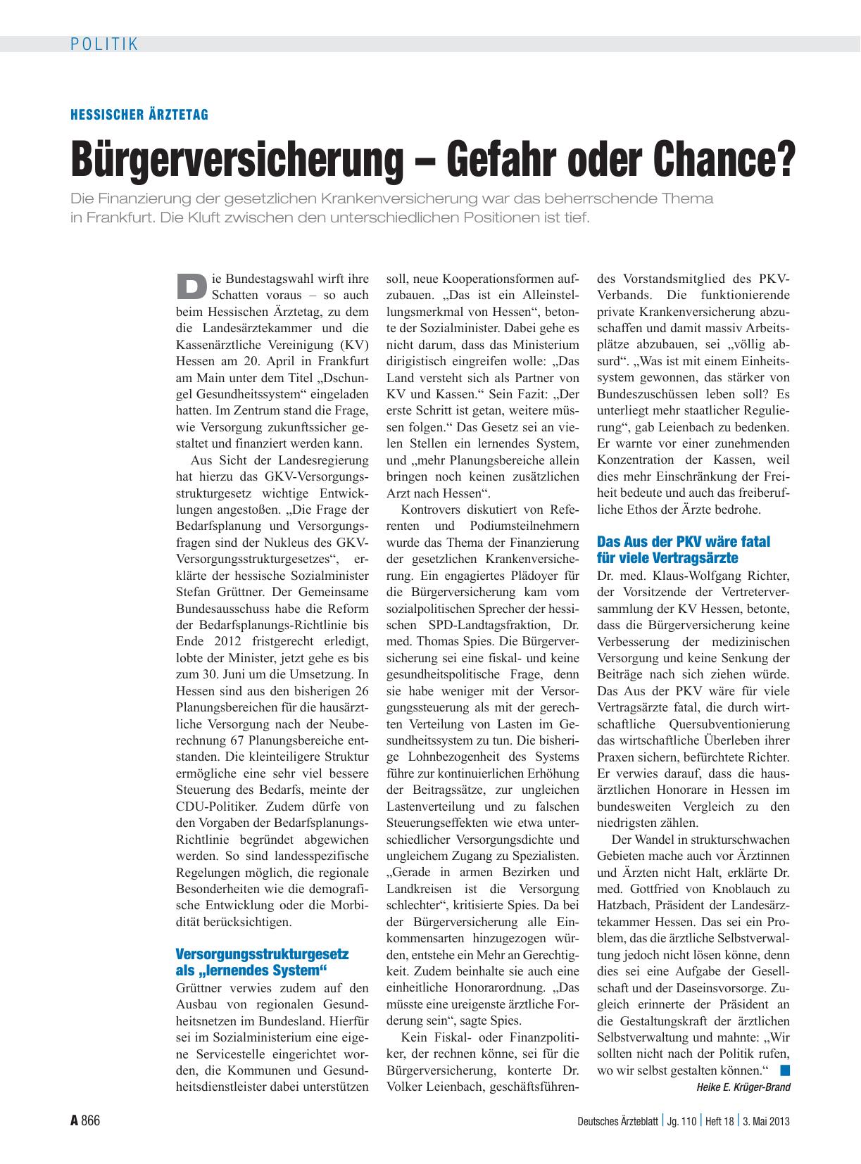 Vorschauseite 1: Hessischer Ärztetag: Bürgerversicherung – Gefahr oder Chance?