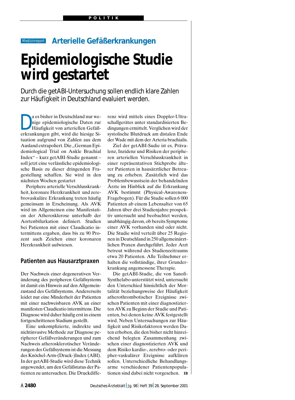 Vorschauseite 1: Arterielle Gefäßerkrankungen: Epidemiologische Studie wird gestartet