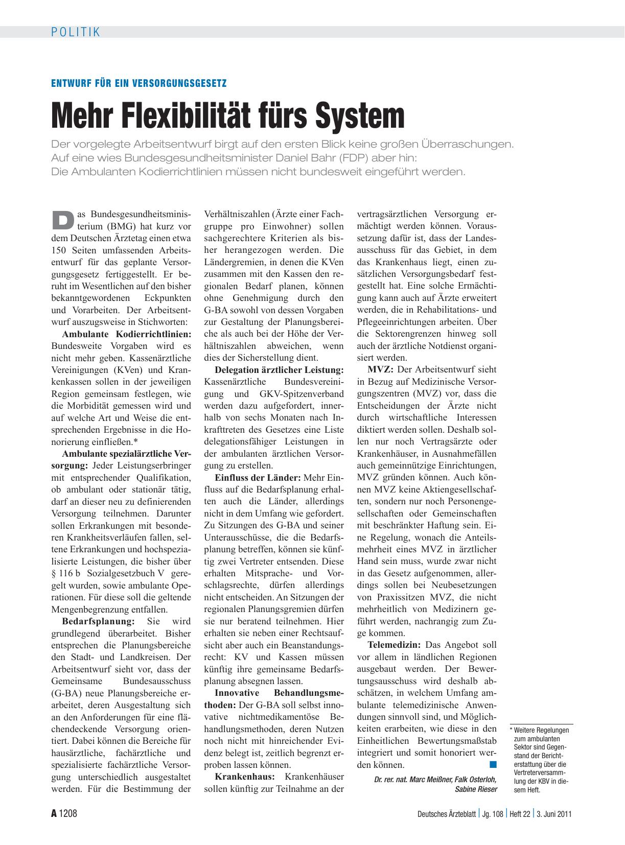 Vorschauseite 1: Entwurf für ein Versorgungsgesetz: Mehr Flexibilität fürs System