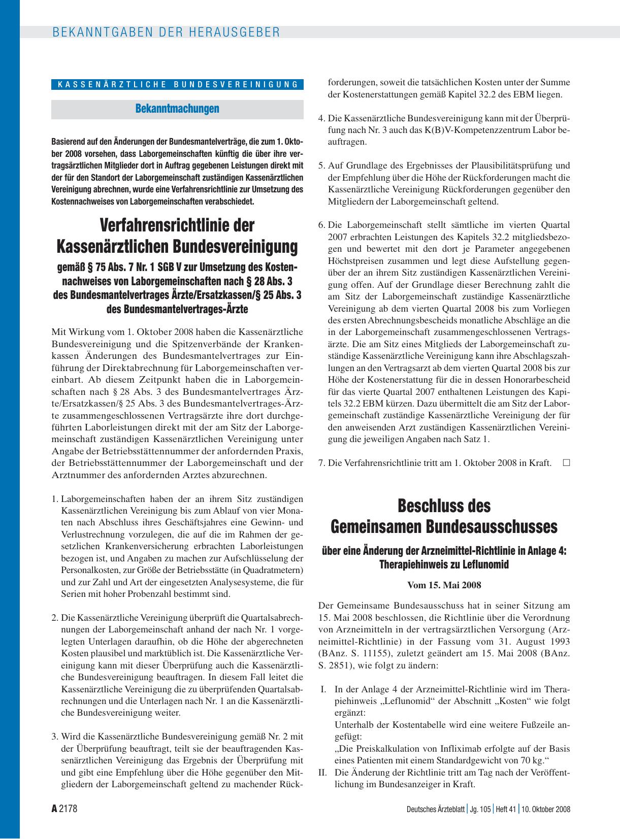 Vorschauseite 1: Bekanntmachungen: Verfahrensrichtlinie der Kassenärztlichen Bundesvereinigung gemäß § 75 Abs. 7 Nr. 1 SGB V zur Umsetzung des Kostennachweises von Laborgemeinschaften nach § 28 Ab…