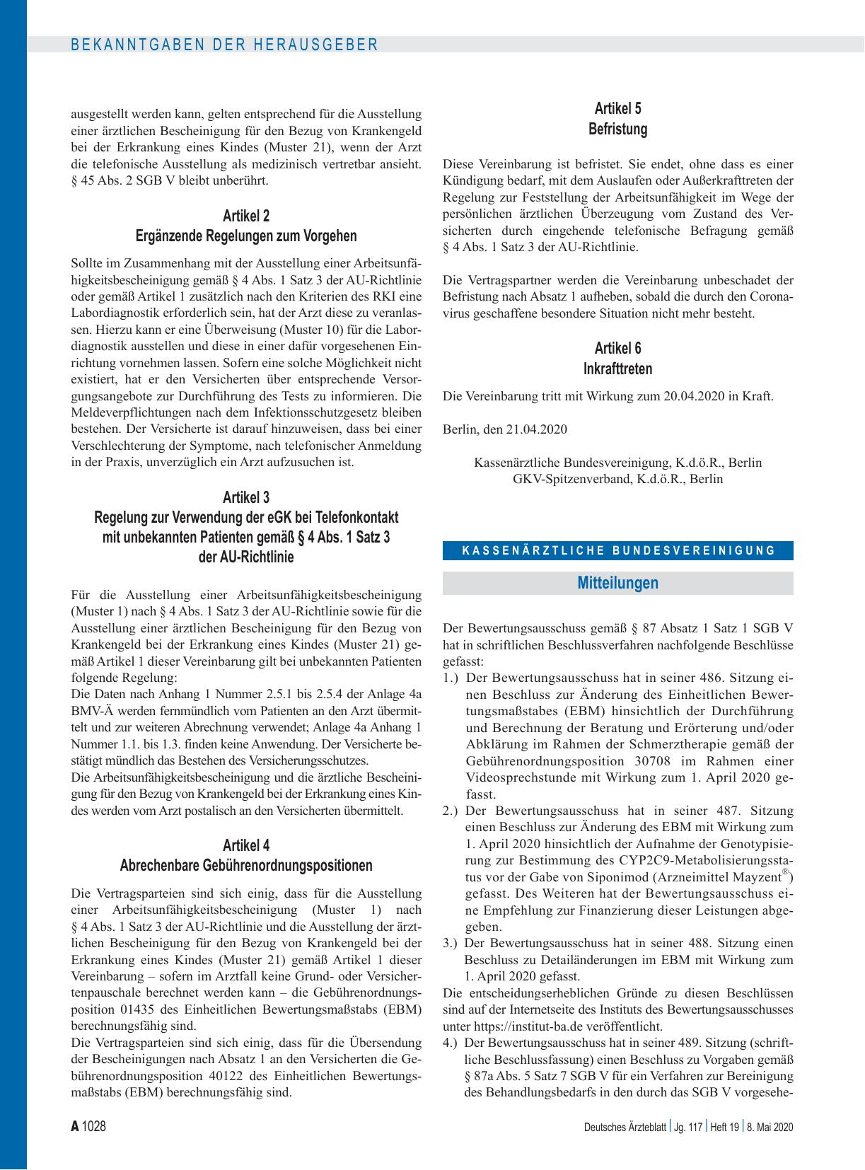 Vorschauseite 1: Beschluss des Bewertungsausschusses nach § 87 Abs. 1 Satz 1 SGB V: TEIL A zur Änderung des Einheitlichen Bewertungsmaßstabes (EBM), TEIL B zu Empfehlungen gemäß § 87a Abs. 5 Satz…