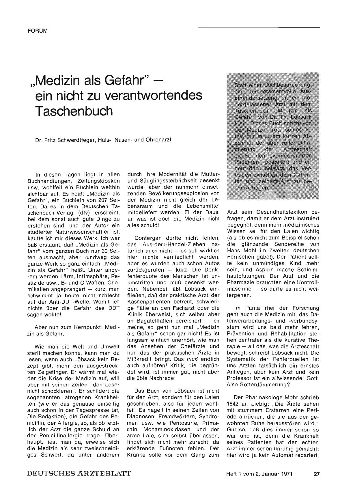 Vorschauseite 1: „Medizin als Gefahr" — ein nicht zu verantwortendes Taschenbuch