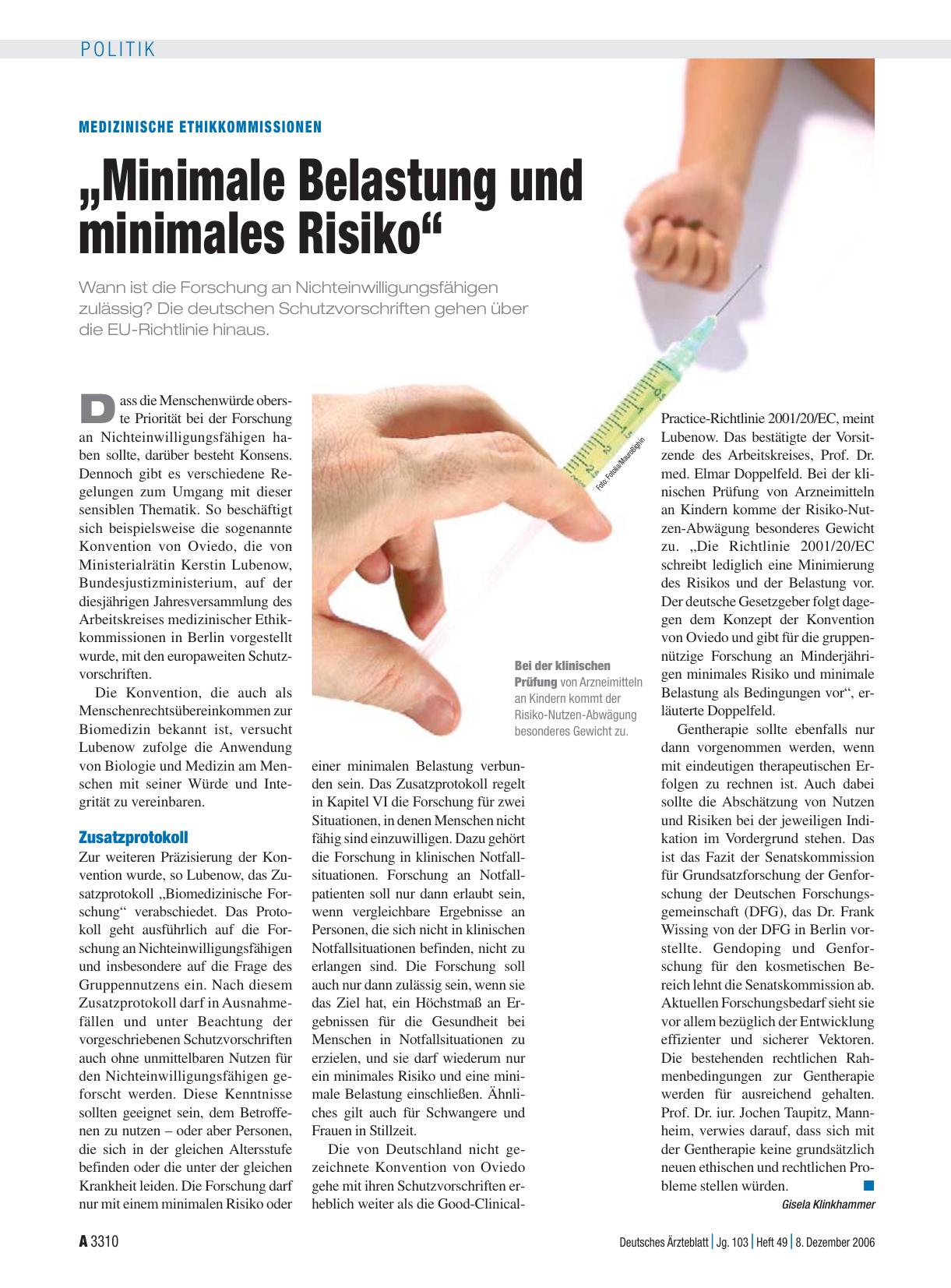 Vorschauseite 1: Medizinische Ethikkommissionen: „Minimale Belastung und minimales Risiko“