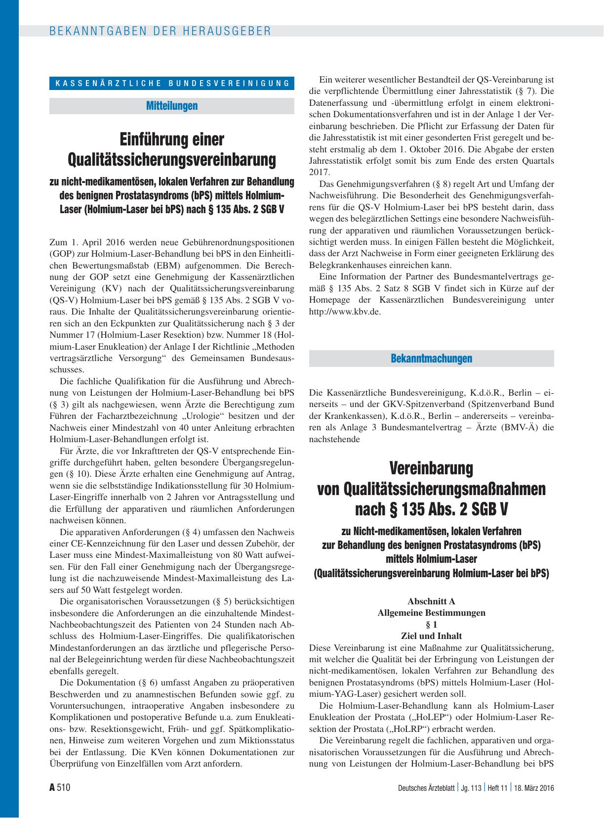 Vorschauseite 1: Einführung einer Qualitätssicherungsvereinbarung zu nicht-medikamentösen, lokalen Verfahren zur Behandlung des benignen Prostatasyndroms (bPS) mittels Holmium-Laser (Holmium-Laser…