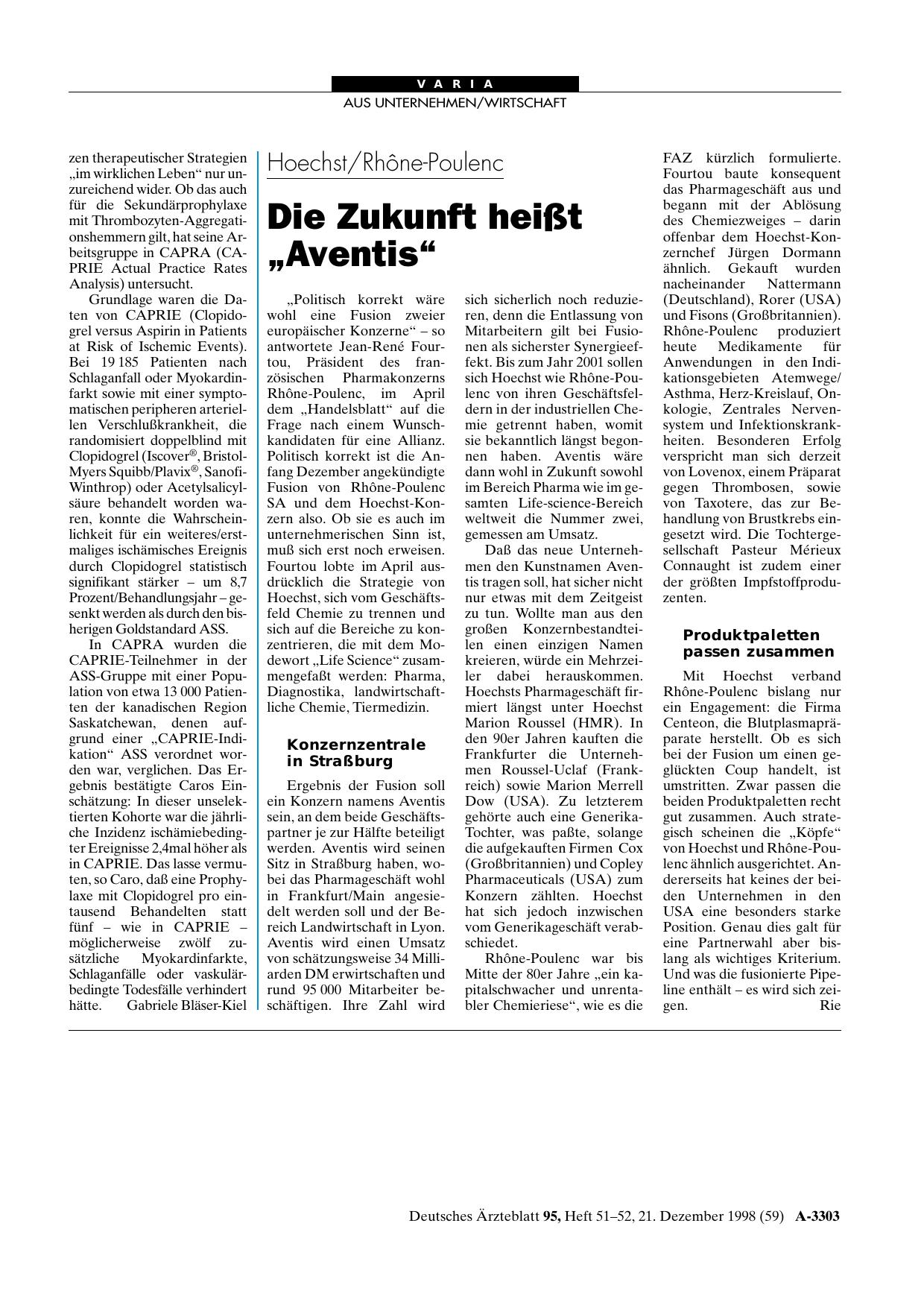 Vorschauseite 1: Hoechst/Rhône-Poulenc: Die Zukunft heißt „Aventis“