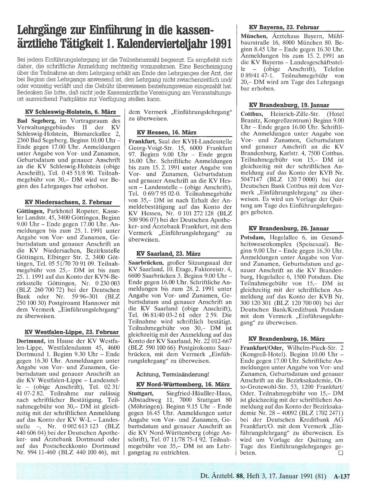 Vorschauseite 1: Lehrgänge zur Einführung in die kassenärztliche Tätigkeit 1. Kalendervierteljahr 1991