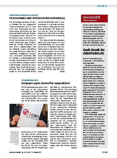 Vorschauseite 1: Friedensnobelpreis: Kampagne gegen Atomwaffen ausgezeichnet