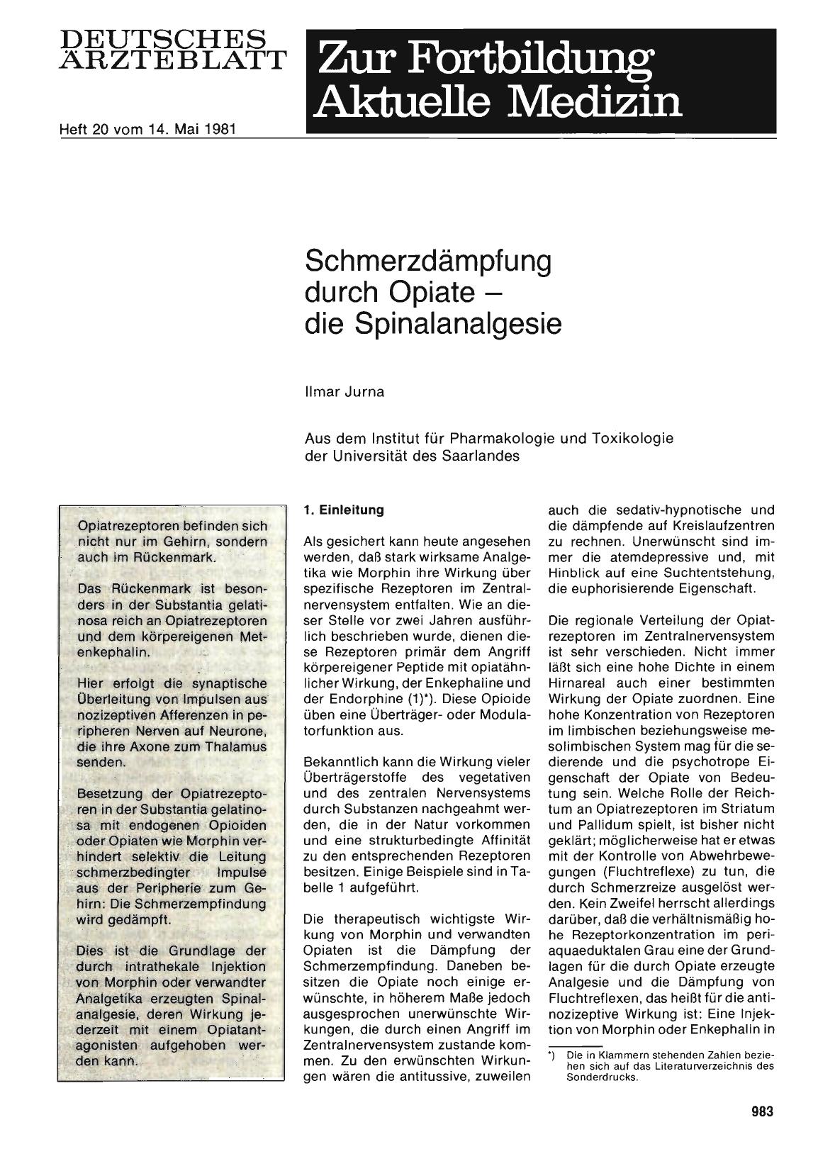 Vorschauseite 1: Schmerzdämpfung durch Opiate — die Spinalanalgesie