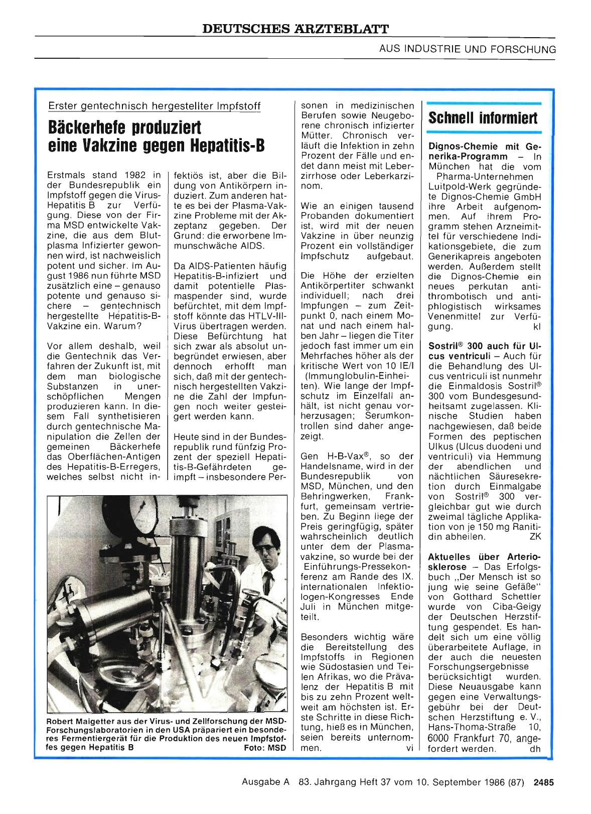 Vorschauseite 1: Erster gentechnisch hergestellter Impfstoff: Bäckerhefe produziert eine Vakzine gegen Hepatitis-B