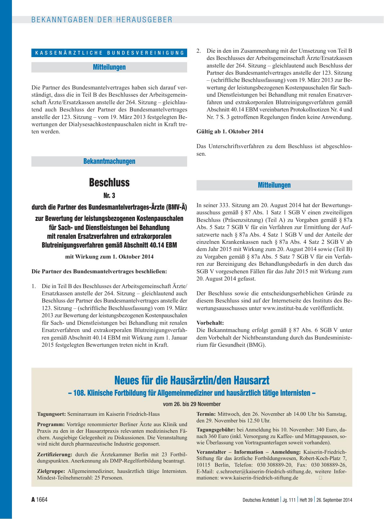 Vorschauseite 1: Beschluss Nr. 3 durch die Partner des Bundesmantelvertrages-Ärzte (BMV-Ä) zur Bewertung der leistungsbezogenen Kostenpauschalen für Sachund Dienstleistungen bei Behandlung mit ren…