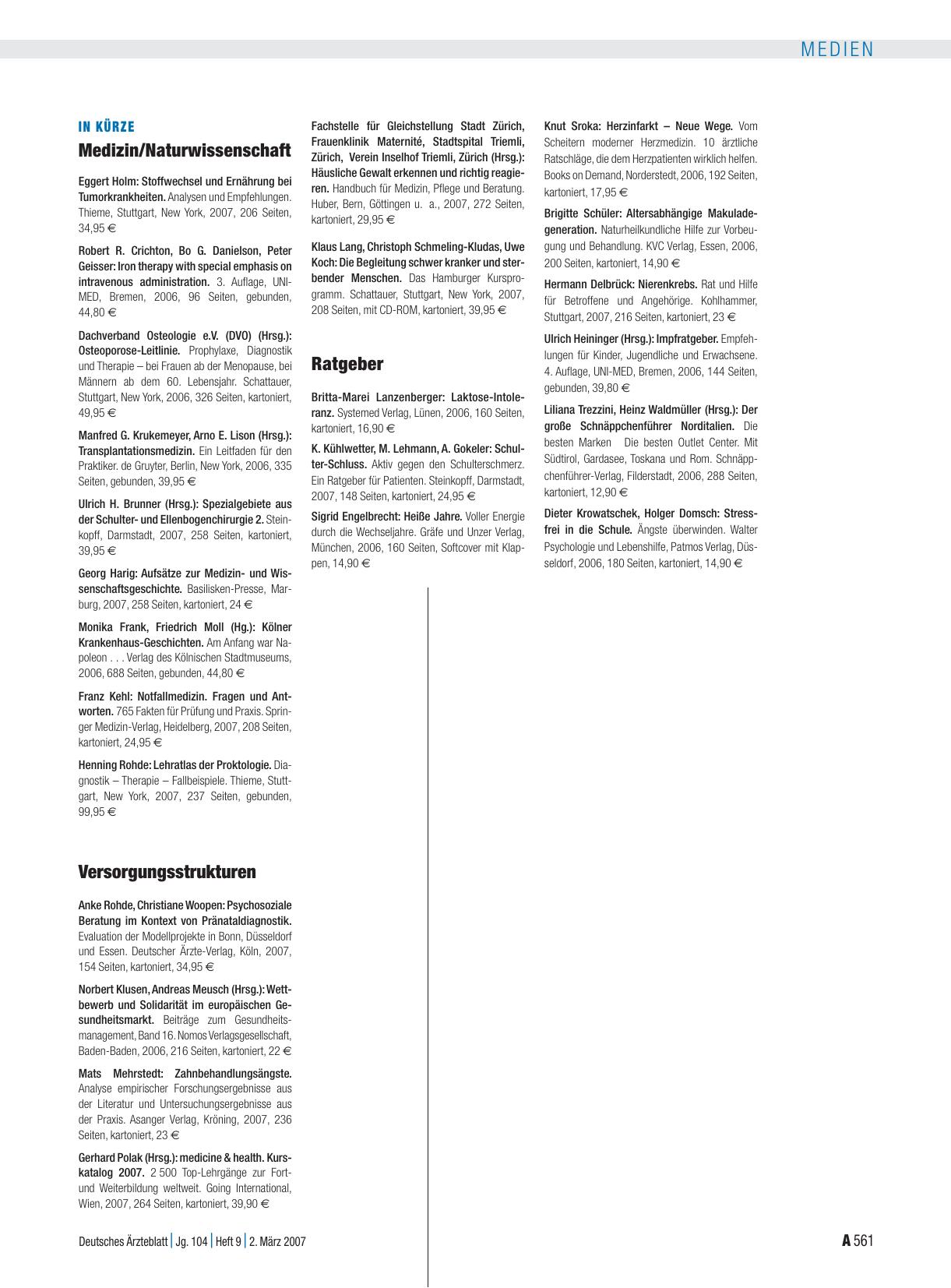 Vorschauseite 1: In Kürze: Medizin/Naturwissenschaft