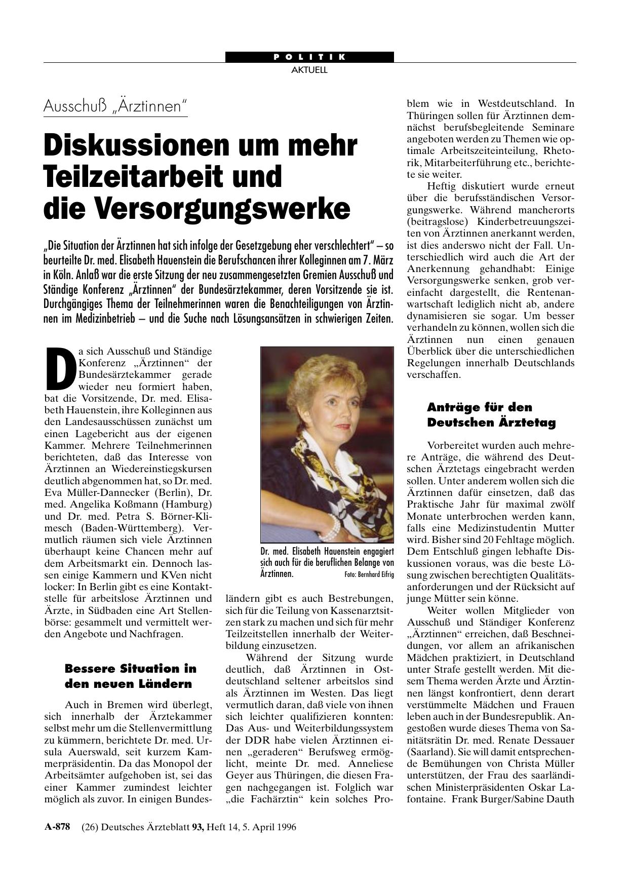 Vorschauseite 1: Ausschuß „Ärztinnen“: Diskussionen um mehr Teilzeitarbeit und die Versorgungswerke