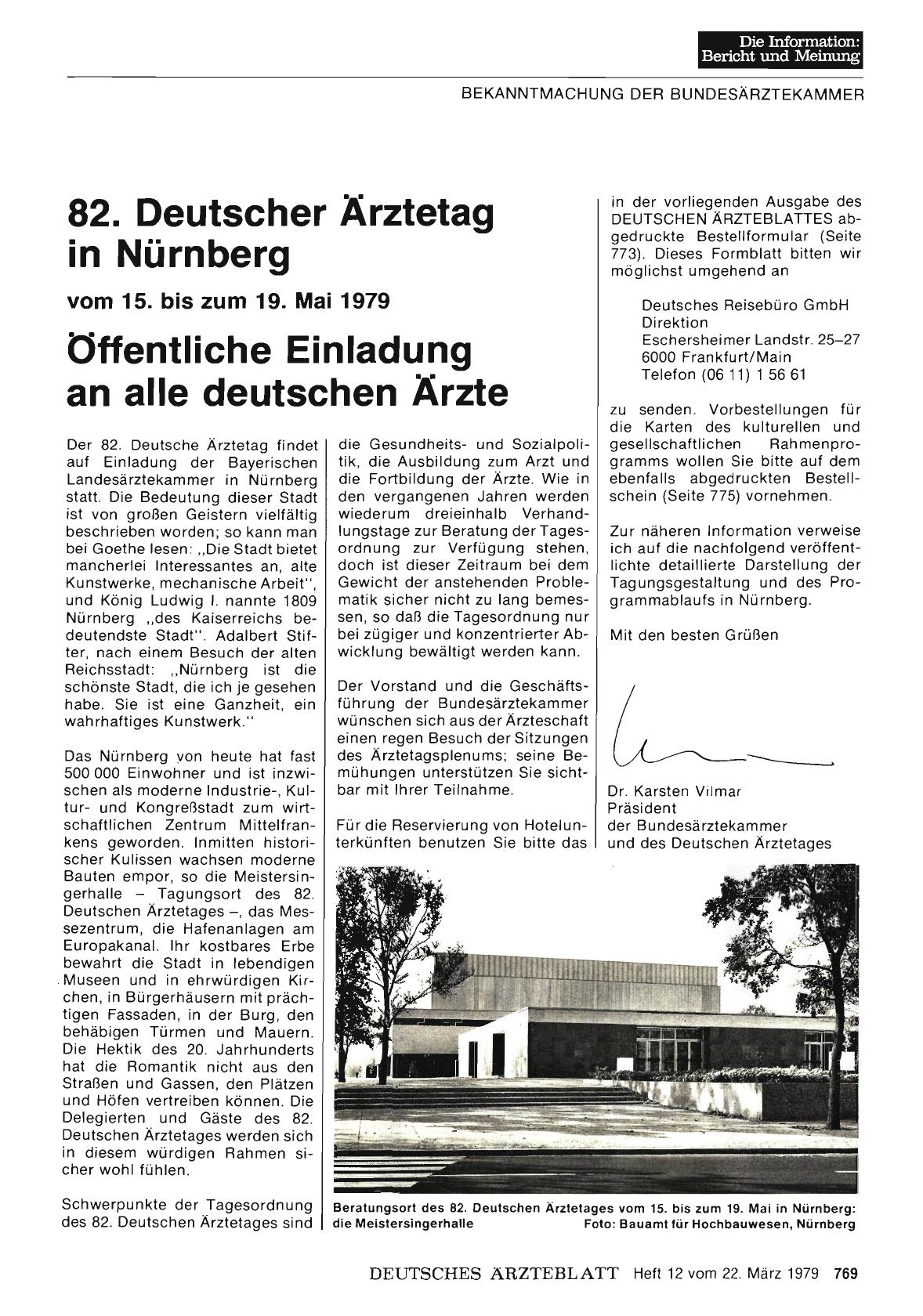 Vorschauseite 1: 82. Deutscher Ärztetag in Nürnberg vom 15. bis zum 19. Mai 1979: Öffentliche Einladung an alle deutschen Ärzte