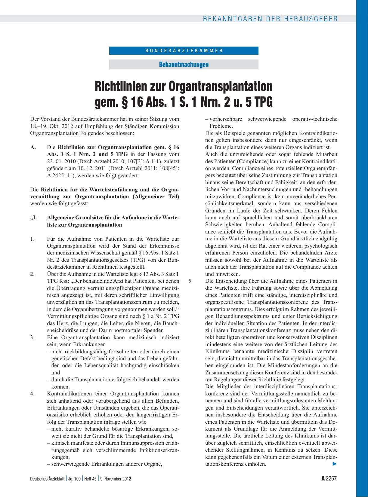 Vorschauseite 1: Richtlinien zur Organtransplantation gem. § 16 Abs. 1 S. 1 Nrn. 2 u. 5 TPG
