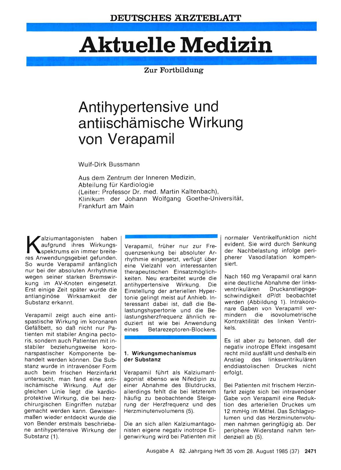 Vorschauseite 1: Antihypertensive und antiischämische Wirkung von Verapamil