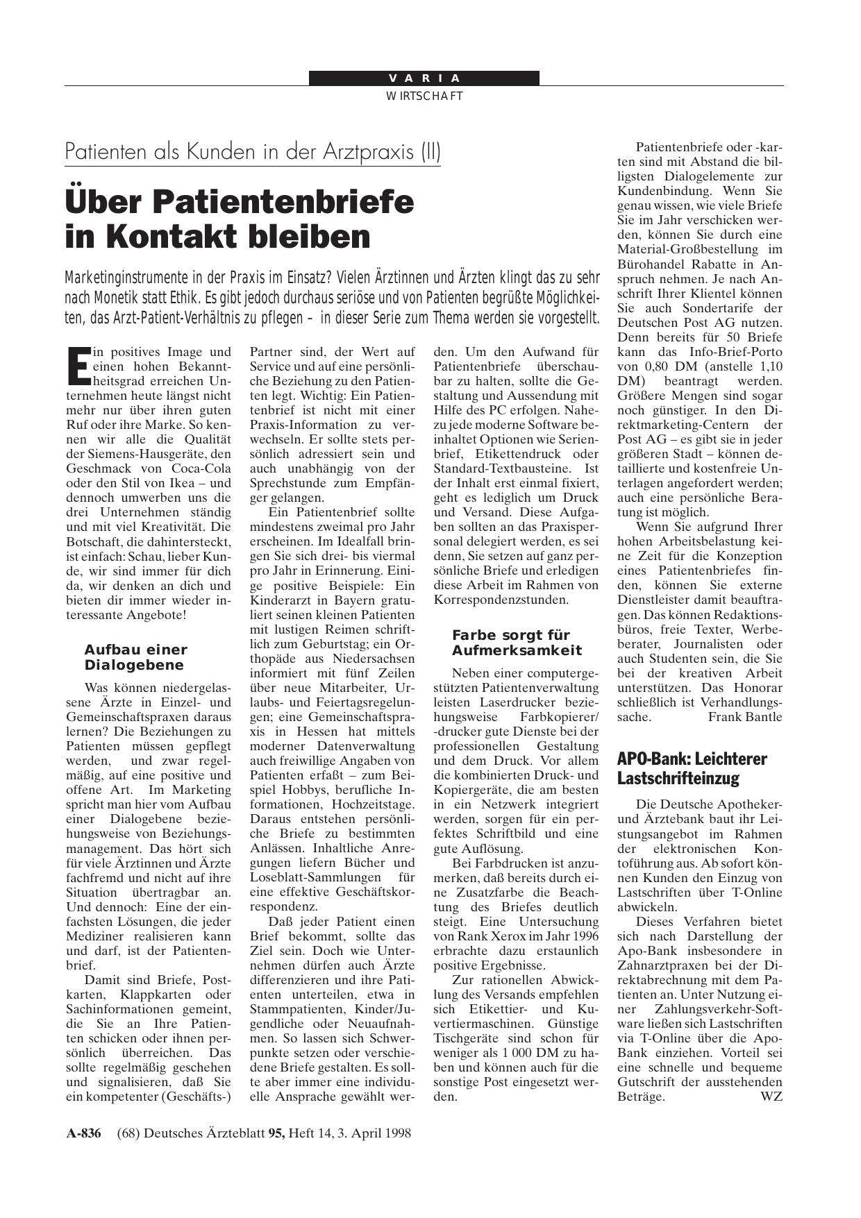 Vorschauseite 1: Patienten als Kunden in der Arztpraxis (II): Über Patientenbriefe in Kontakt bleiben