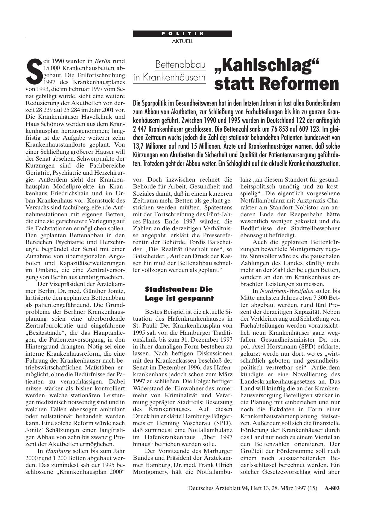 Vorschauseite 1: Bettenabbau in Krankenhäusern: „Kahlschlag“ statt Reformen