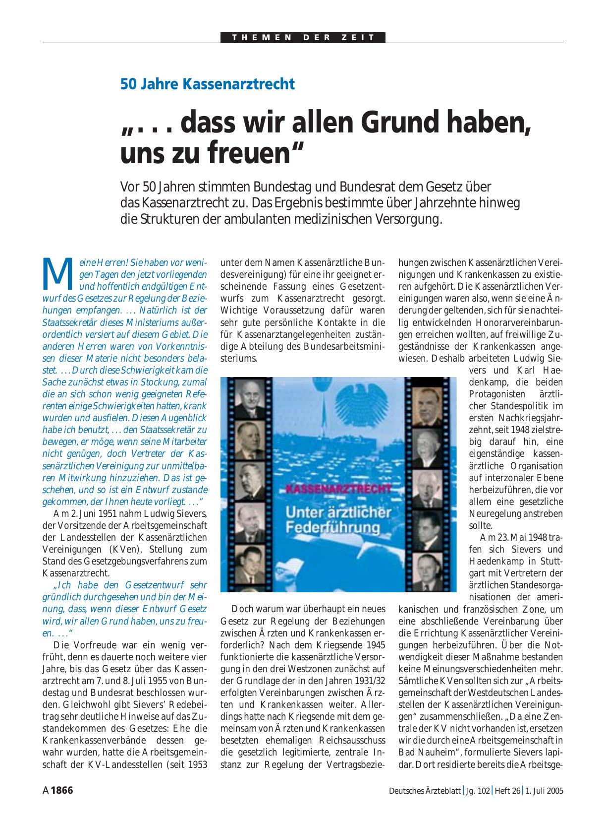 Vorschauseite 1: 50 Jahre Kassenarztrecht: „. .. dass wir allen Grund haben, uns zu freuen“