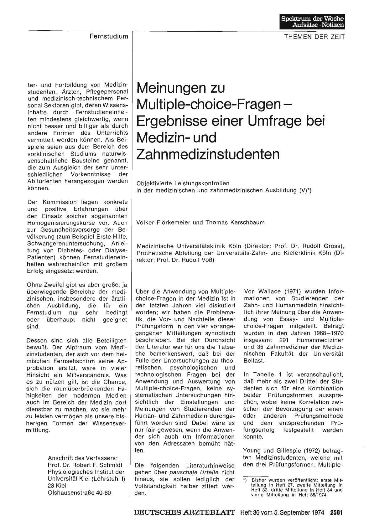 Vorschauseite 1: Meinungen zu Multiple-choice-Fragen Ergebnisse einer Umfrage bei Medizinund Zahnmedizinstudenten