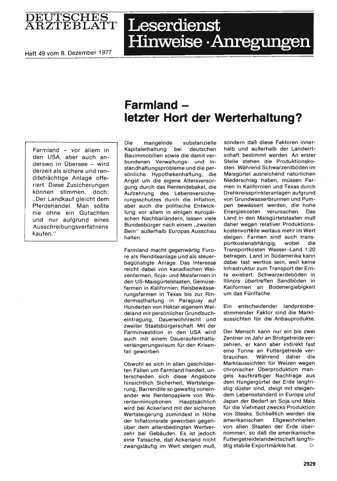 Vorschauseite 1: Farmland letzter Hort der Werterhaltung?
