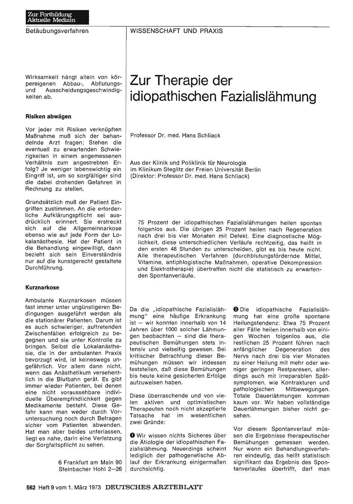 Vorschauseite 1: Zur Therapie der idiopathischen Fazialislähmung