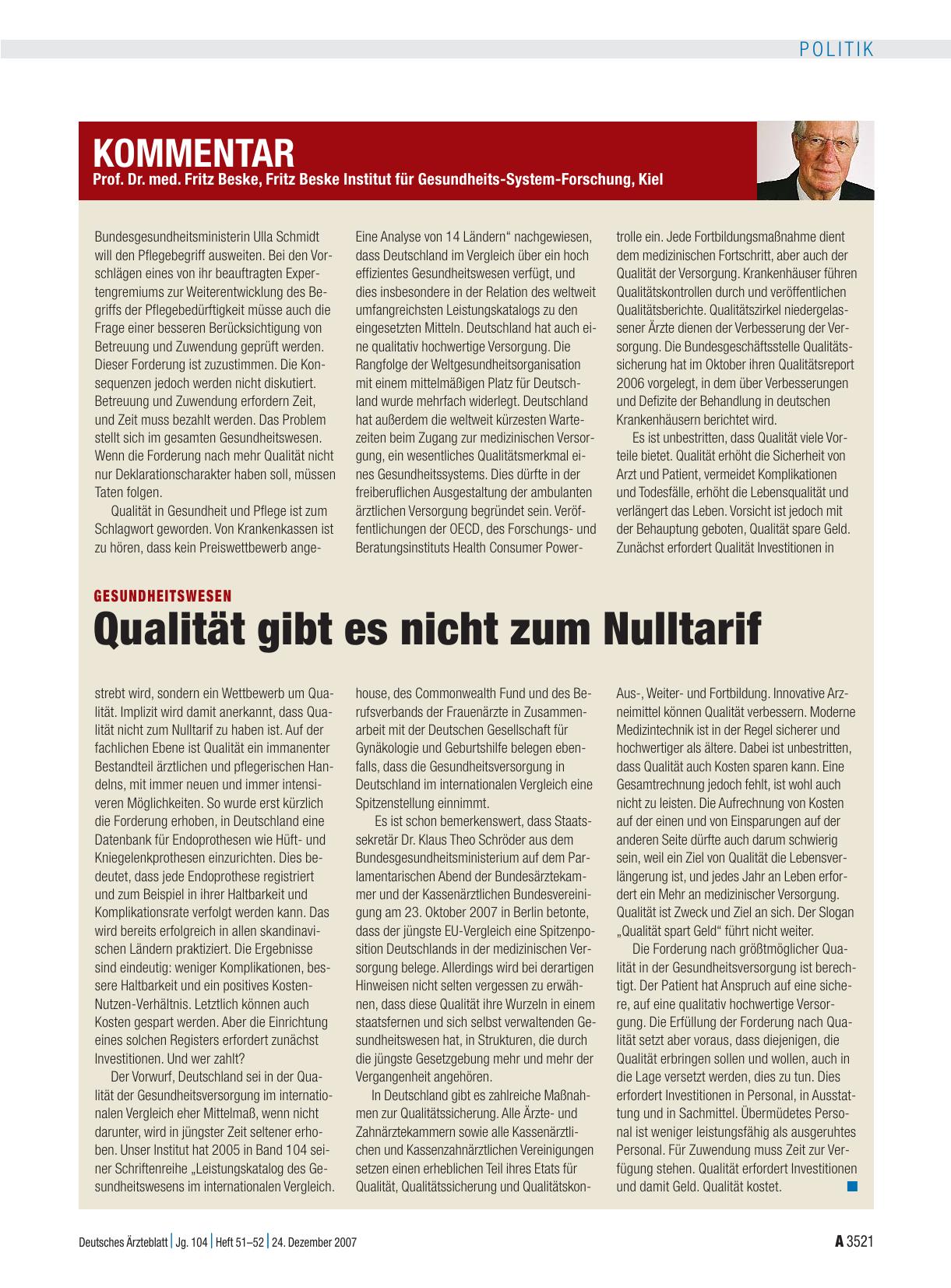 Vorschauseite 1: Gesundheitswesen: Qualität gibt es nicht zum Nulltarif