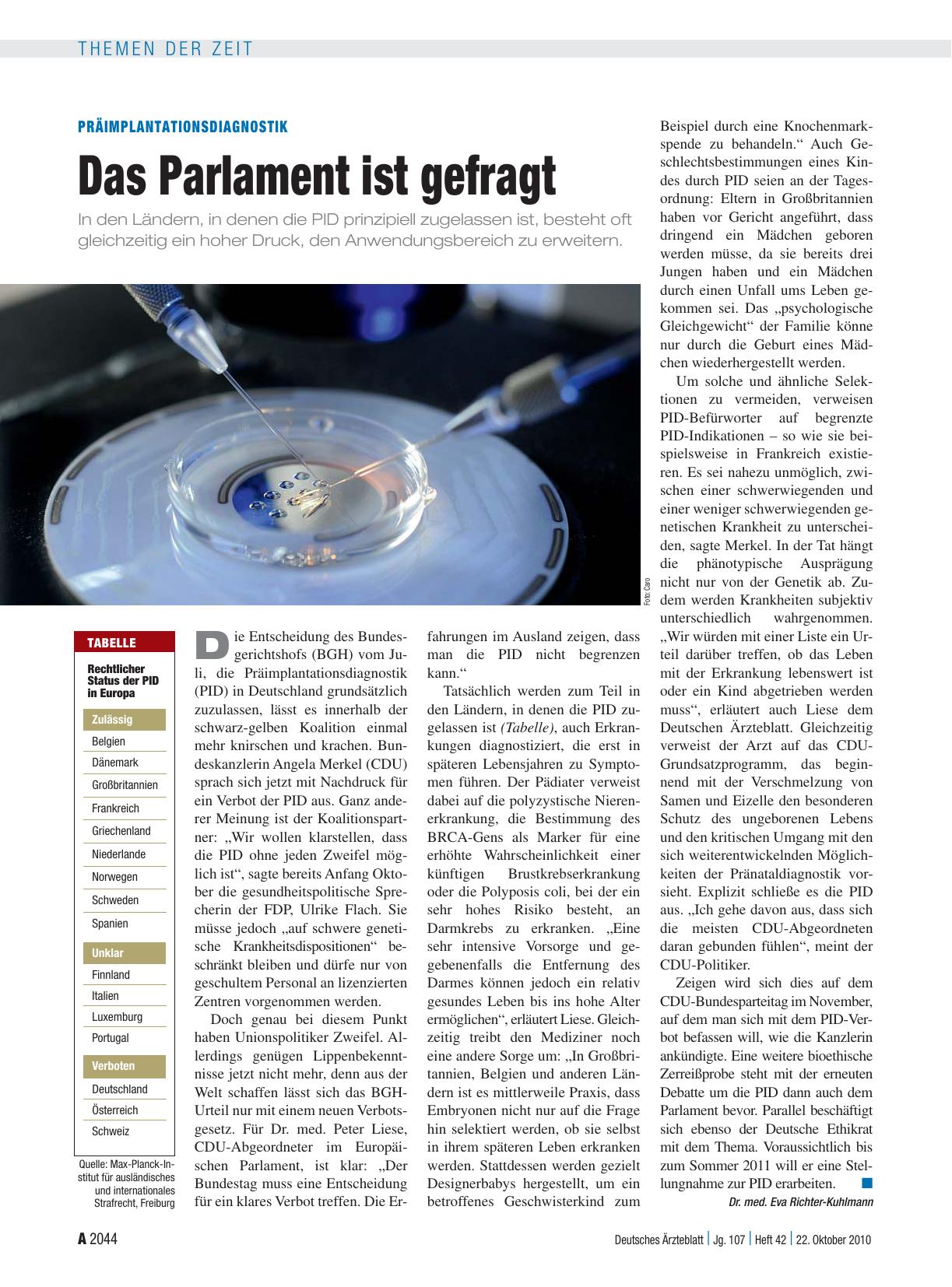 Vorschauseite 1: Präimplantationsdiagnostik: Das Parlament ist gefragt