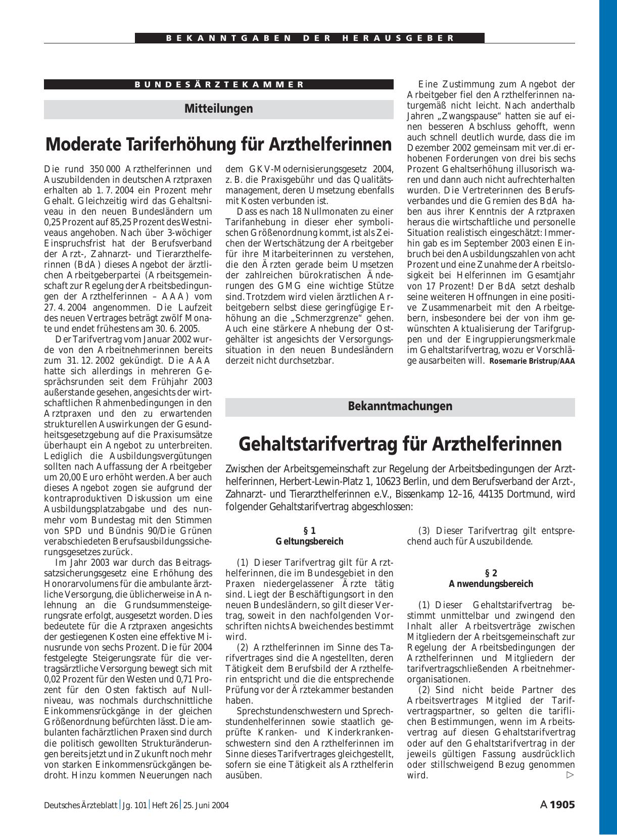 Vorschauseite 1: Bekanntmachungen: Gehaltstarifvertrag für Arzthelferinnen