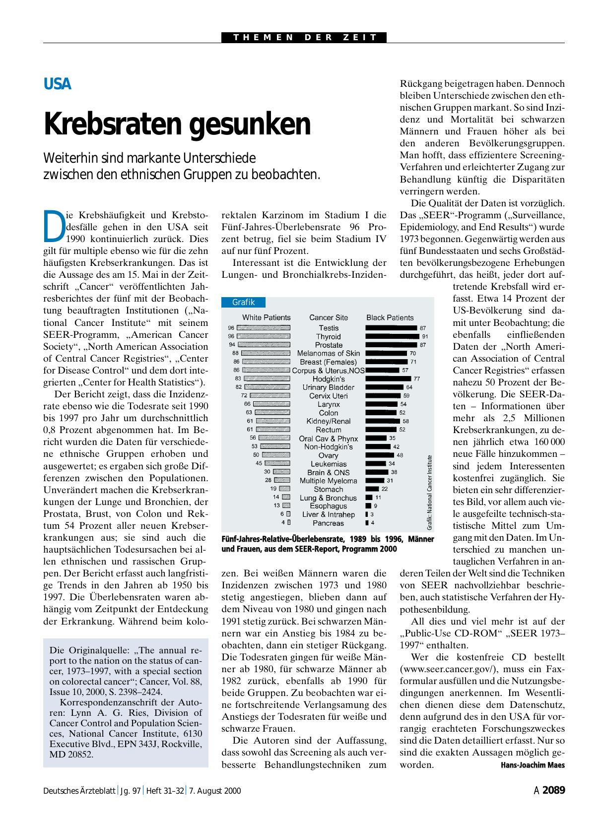Vorschauseite 1: USA: Krebsraten gesunken