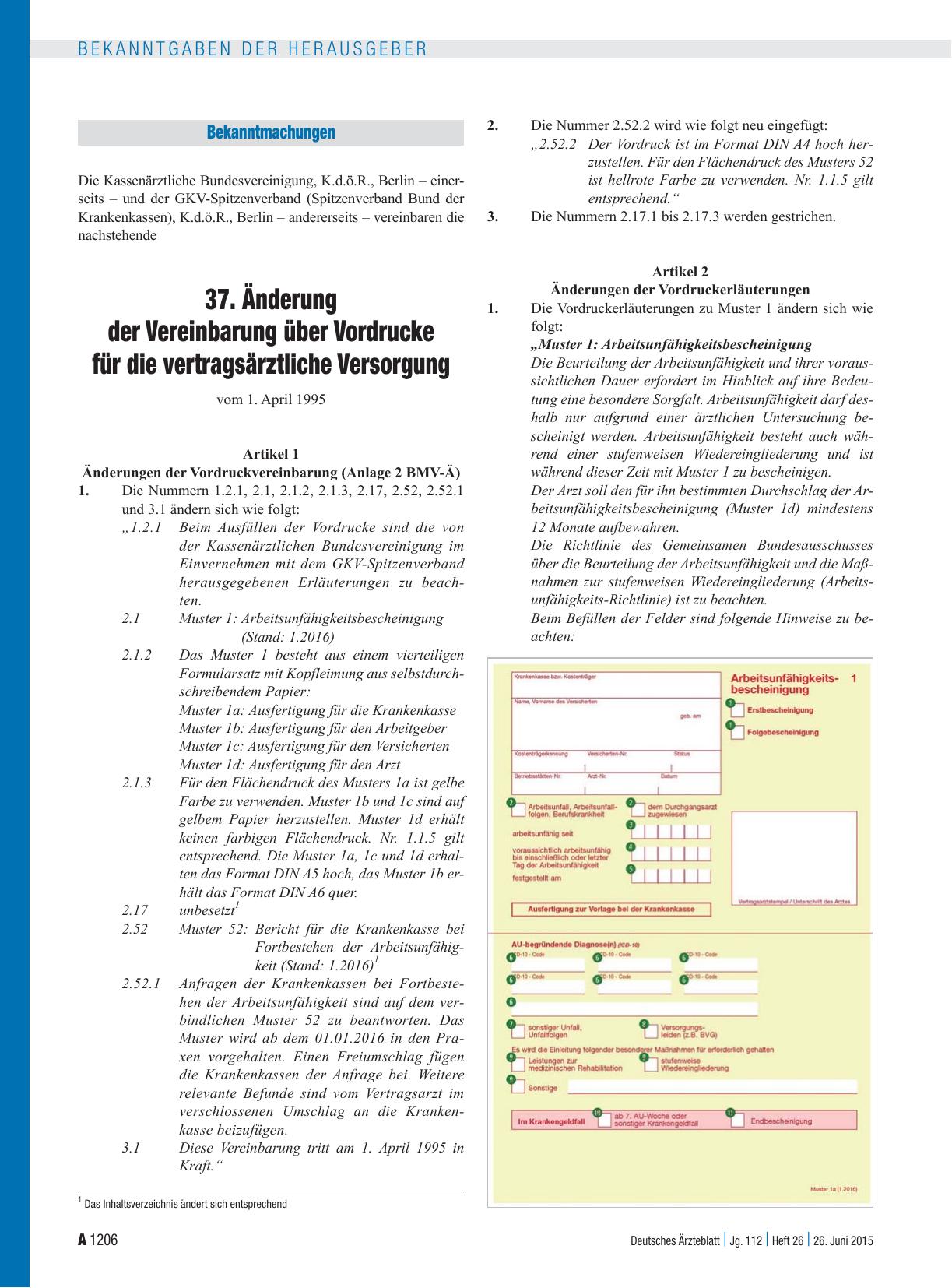 Vorschauseite 1: 37. Änderung der Vereinbarung über Vordrucke für die vertragsärztliche Versorgung