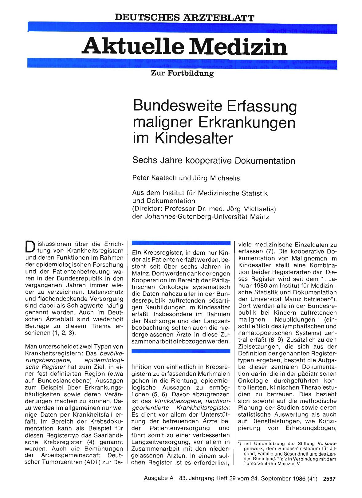 Vorschauseite 1: Bundesweite Erfassung maligner Erkrankungen im Kindesalter