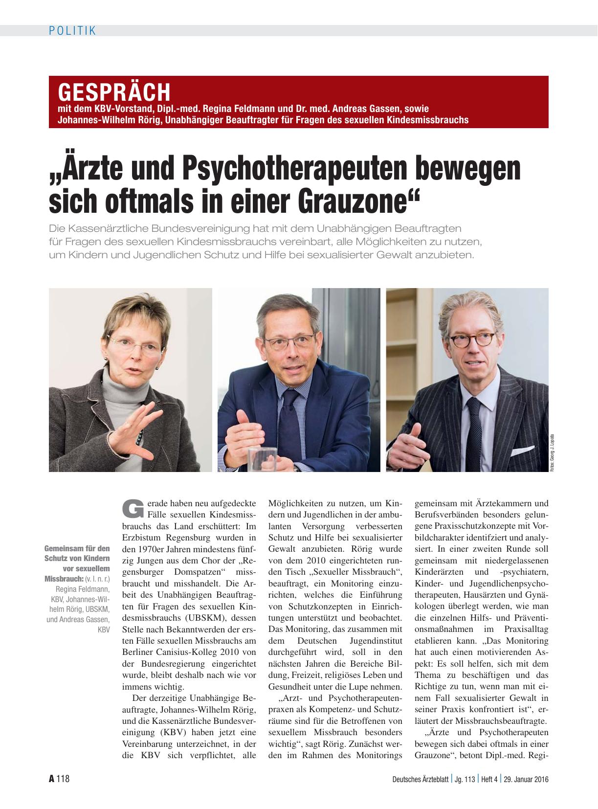 Vorschauseite 1: Das Gepräch mit dem KBV-Vorstand, Dipl.-med. Regina Feldmann und Dr. med. Andreas Gassen, sowie Johannes-Wilhelm Rörig, Unabhängiger Beauftragter für Fragen des sexuellen Kindesmi…