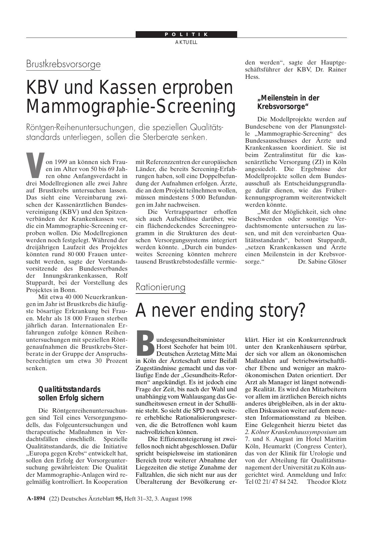 Vorschauseite 1: Brustkrebsvorsorge: KBV und Kassen erproben Mammographie-Screening