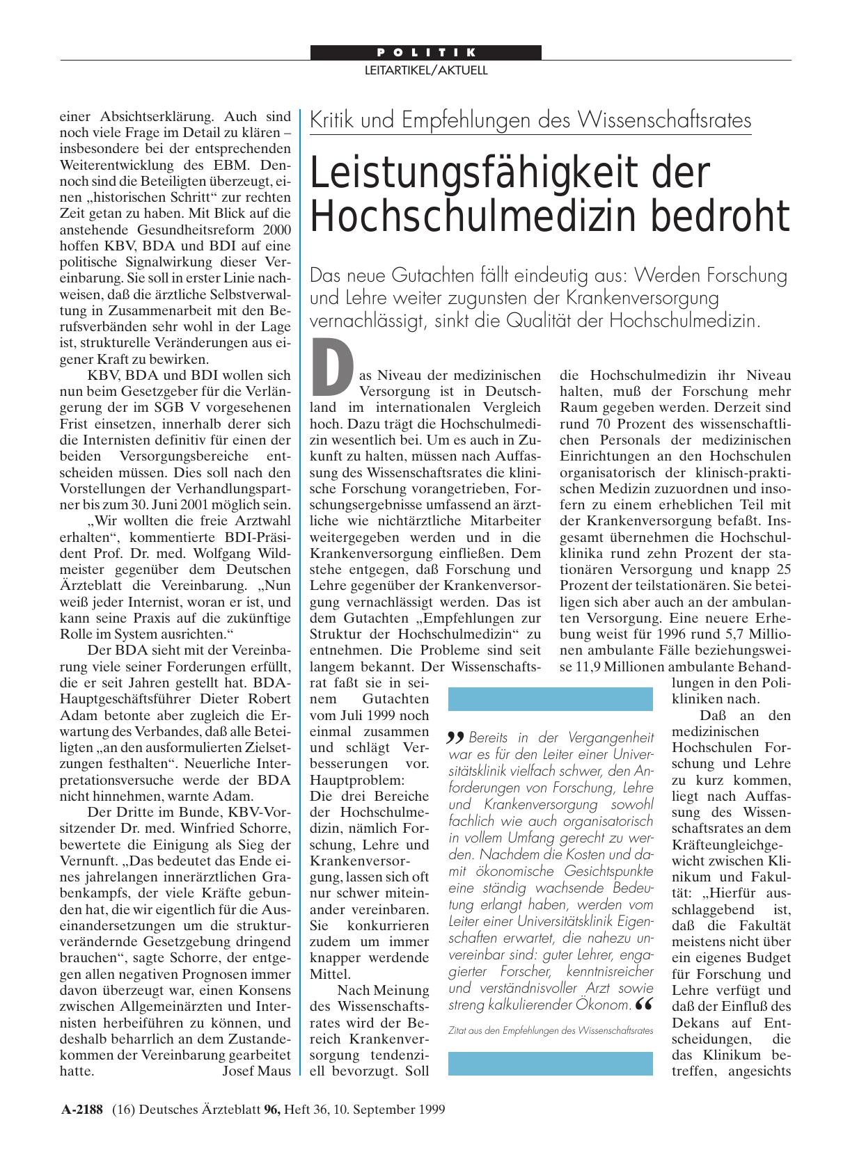 Vorschauseite 1: Kritik und Empfehlungen des Wissenschaftsrates: Leistungsfähigkeit der Hochschulmedizin bedroht