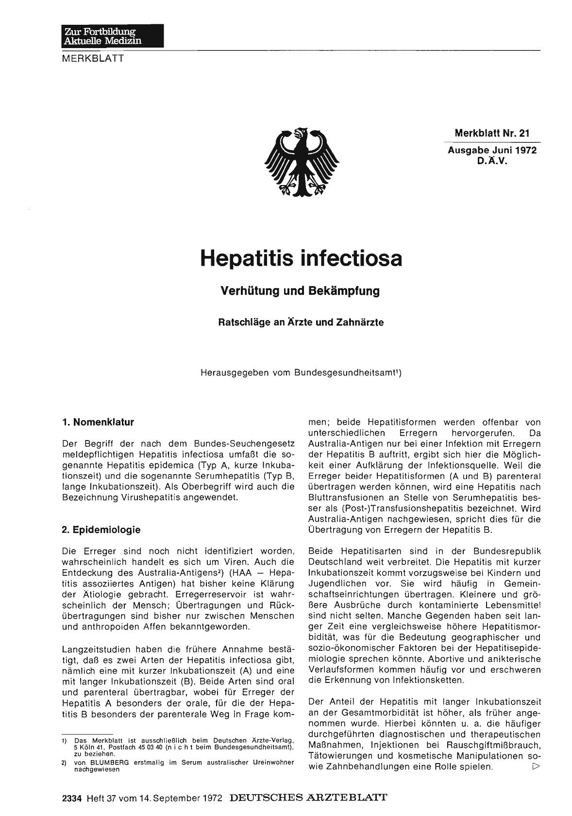 Vorschauseite 1: Merkblatt Nr. 21 des Bundesgesundheitsamtes: Hepatitis infectiosa: Verhütung und Bekämpfung — Ratschläge an Ärzte und Zahnärzte