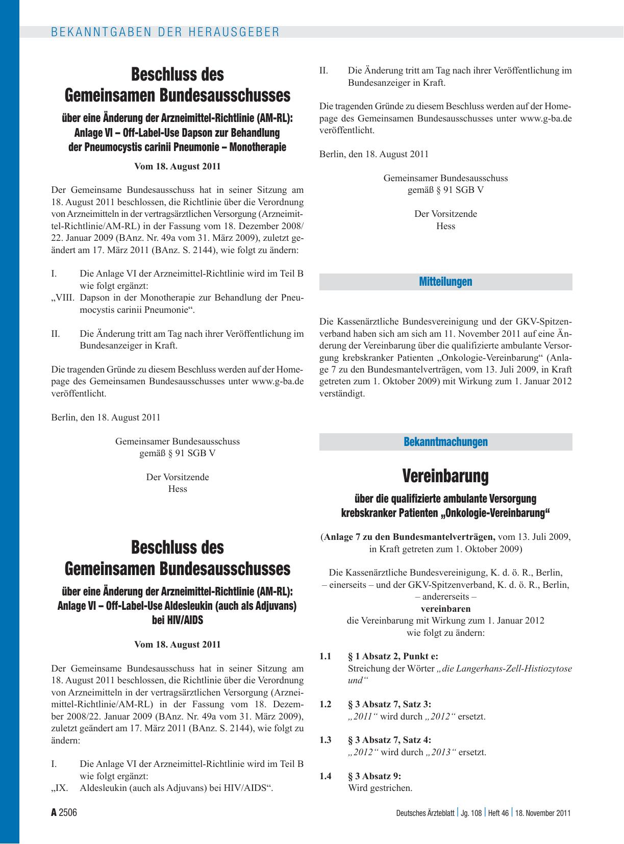 Vorschauseite 1: Vereinbarung über die qualifizierte ambulante Versorgung krebskranker Patienten „Onkologie-Vereinbarung“