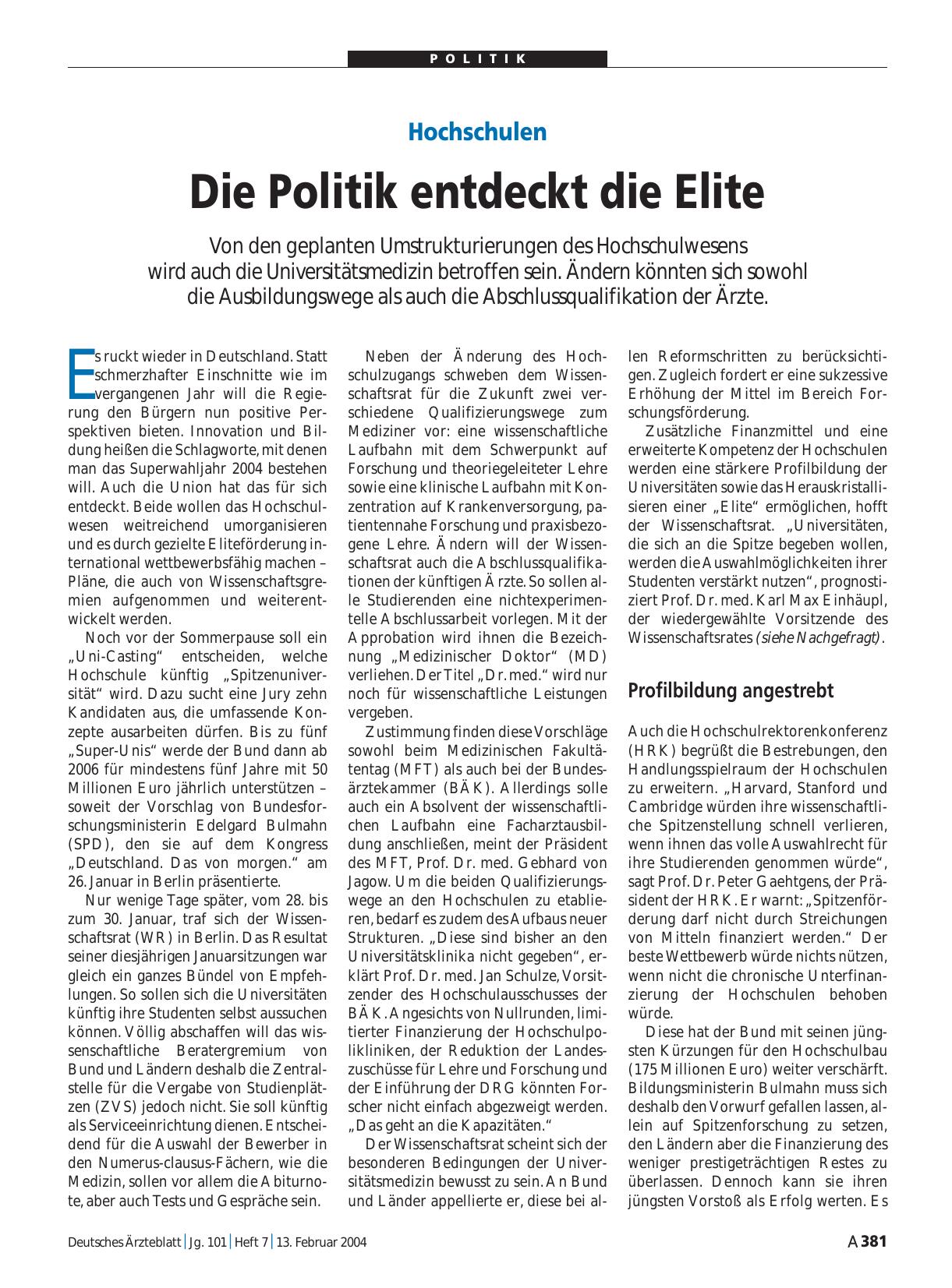 Vorschauseite 1: Hochschulen: Die Politik entdeckt die Elite