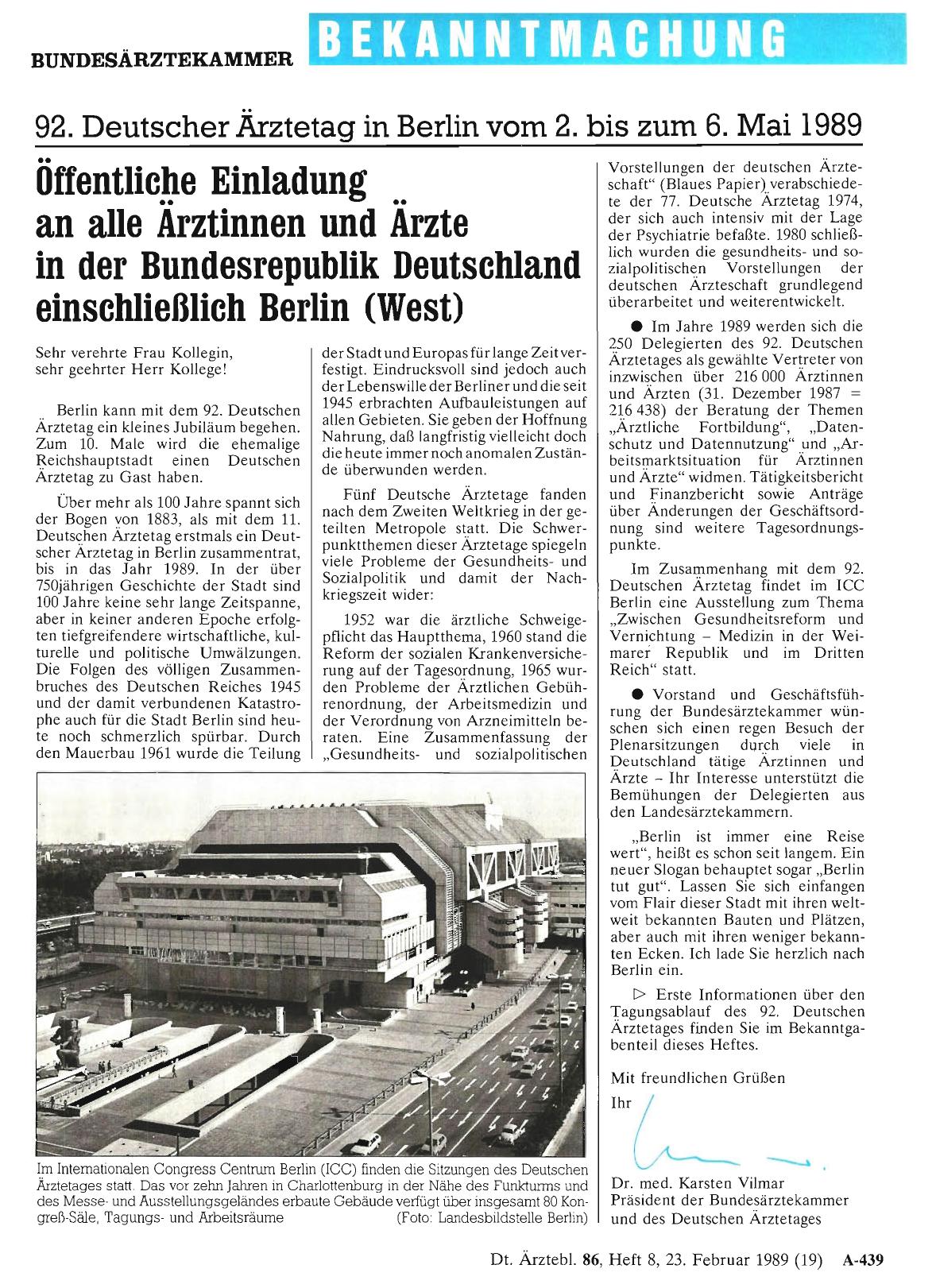 Vorschauseite 1: 92. Deutscher Ärztetag in Berlin vom 2. bis zum 6. Mai 1989: Öffentliche Einladung an alle Ärztinnen und Ärzte in der Bundesrepublik Deutschland einschließlich Berlin (West)